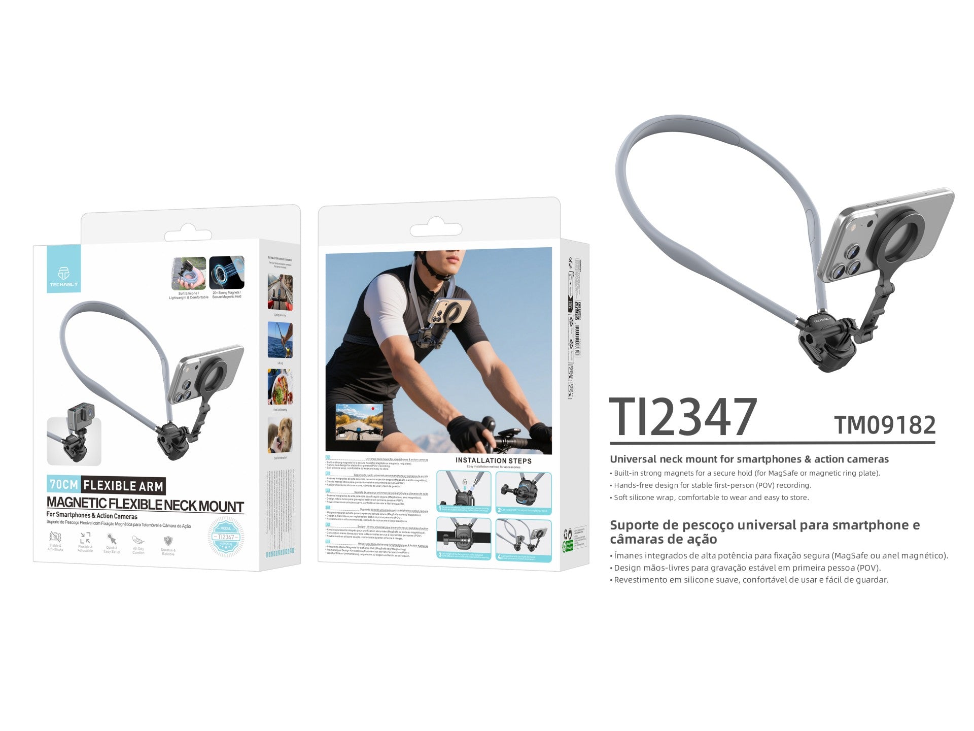 Soporte magnético para el cuello Techancy TI2347 para teléfono móvil y cámara, brazo flexible de 70 cm, manos libres, gris.