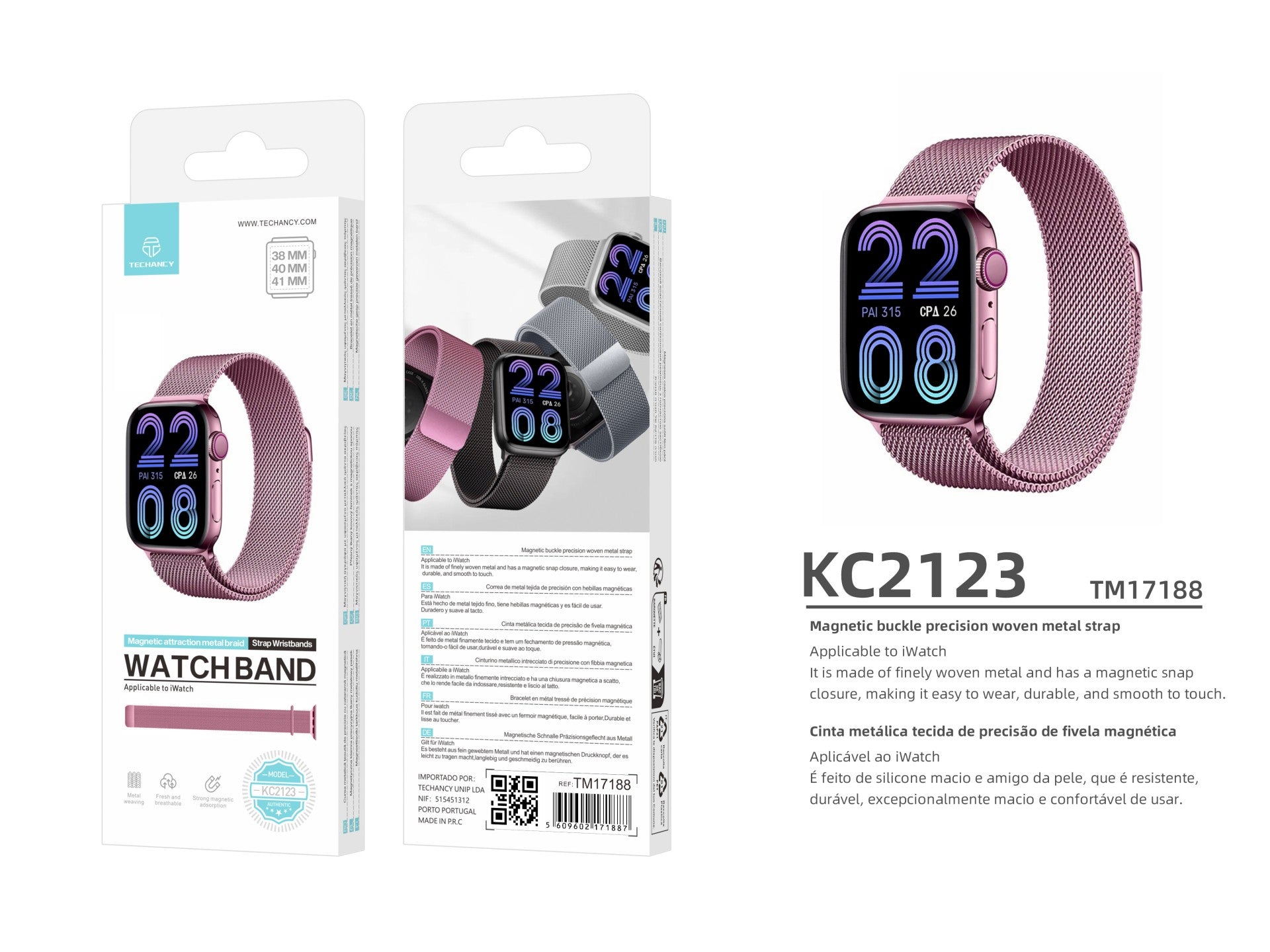 Correa magnética de metal rosa Techancy KC2123, correa de repuesto, compatible con Apple Watch Series: 38 mm/40 mm/41 mm.