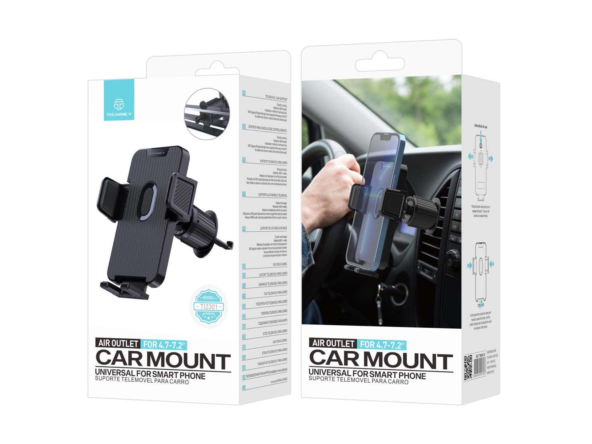 Soporte para teléfono de coche Techancy Ti2301, negro, para rejilla de ventilación, para dispositivos de 4,7 a 7,2 pulgadas, giratorio 360°