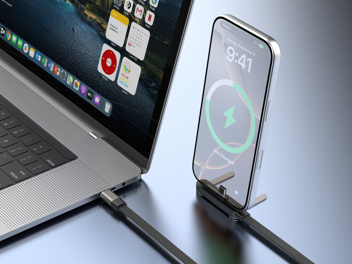 Cabo USB-C para USB-C 240W TECHANCY TB1805, 1,2 m, Suporte Dobravel, Nylon Entrancado, Ficha 90°, Dados 480 Mbps