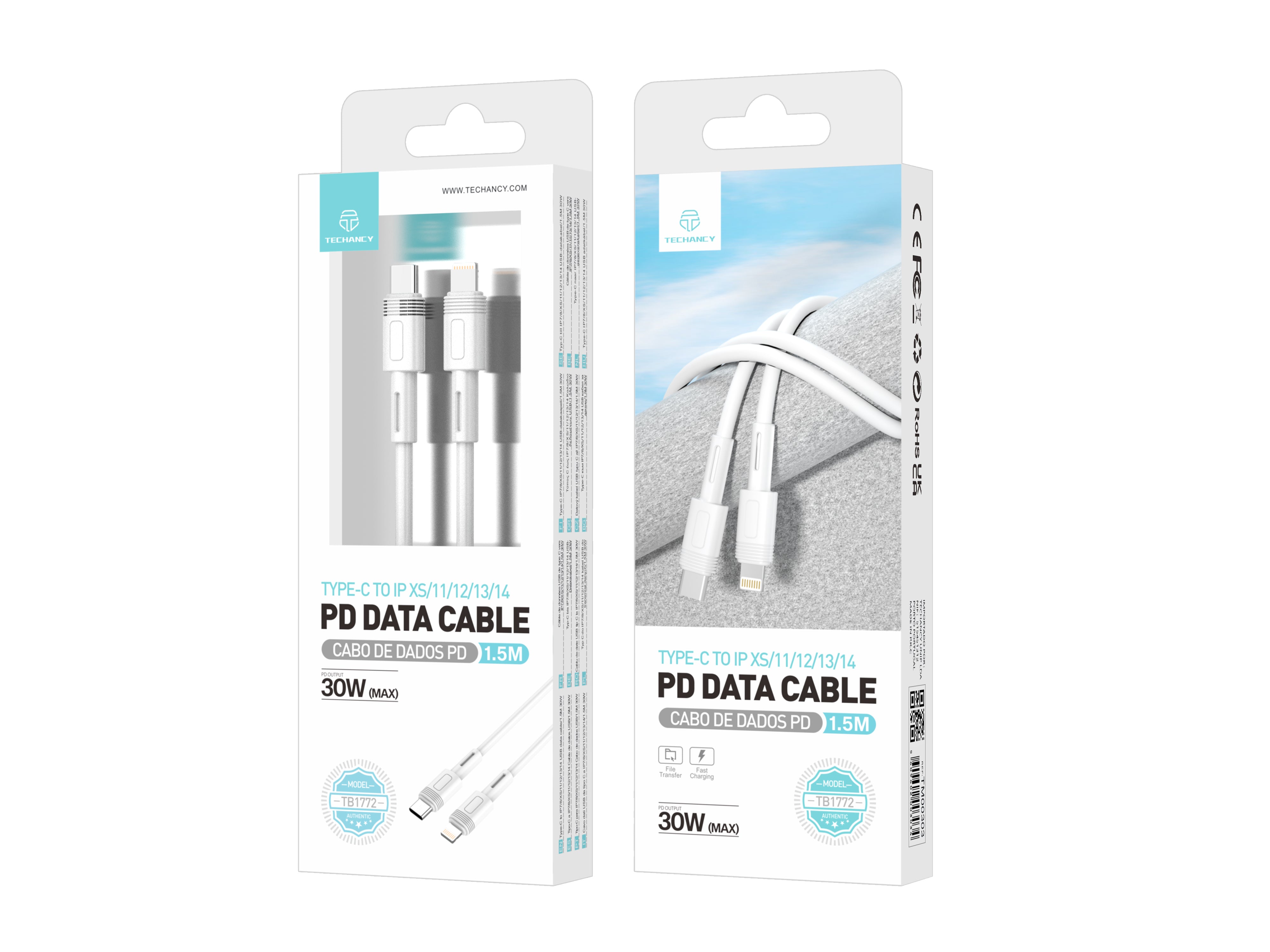 Techancy Cabo de Dados PD Type-C para Lightning TB1772, 30W, Compatível com iPhone 14/13/12/11, 1.5m, Branco