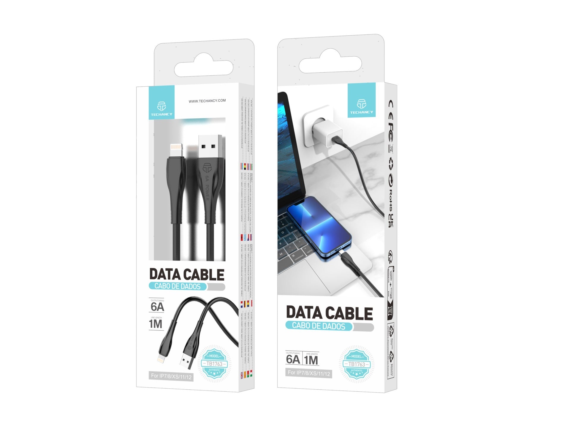Cable de datos de carga superrápida Techancy 6A, negro TB1763, puerto USB-Tip8/X/11-14, 1 m de longitud, carga rápida