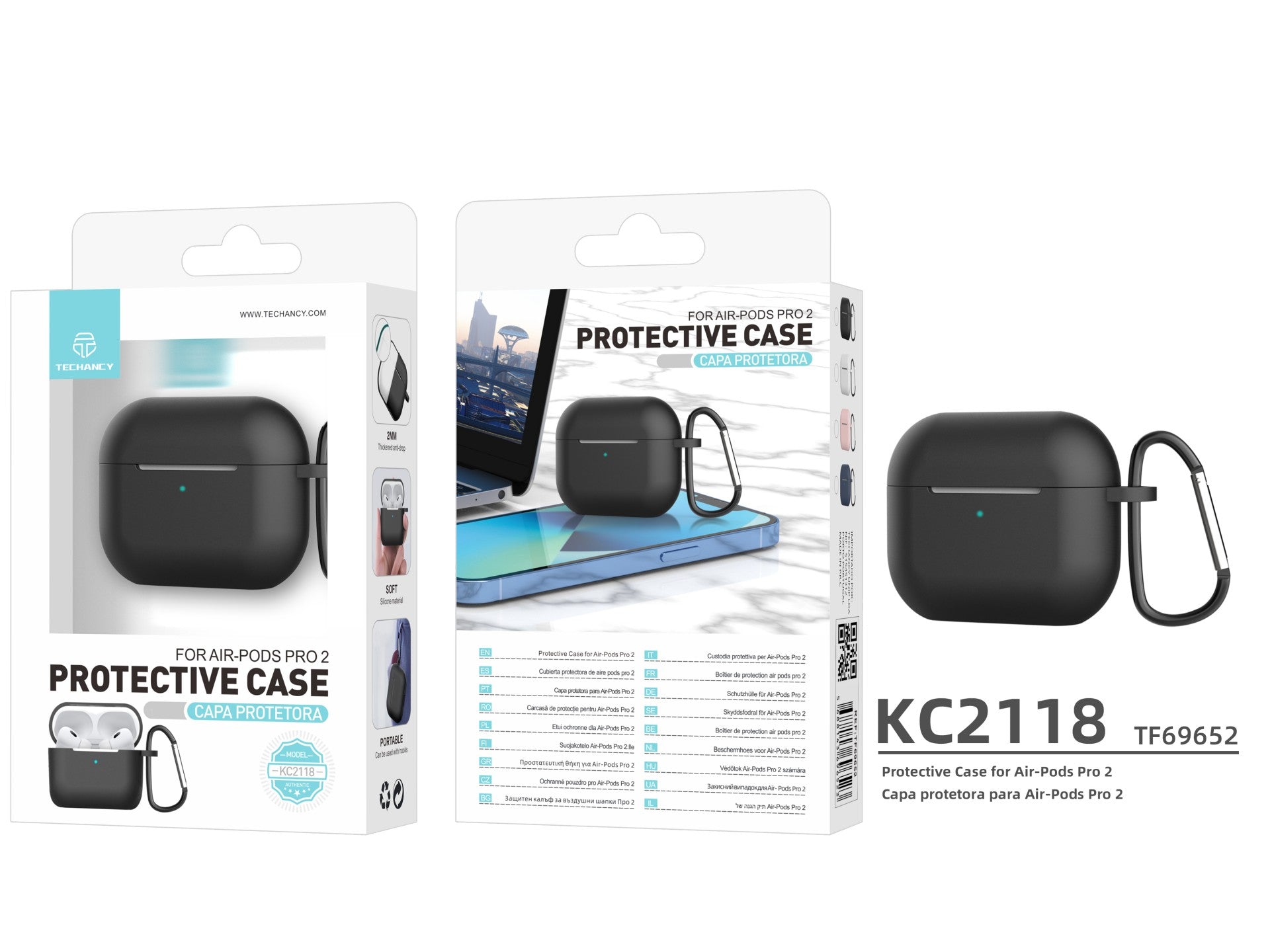 Capa de silicone para auriculares Techancy, KC2118, compatível com AirPods Pro 2.ª geração, Preto