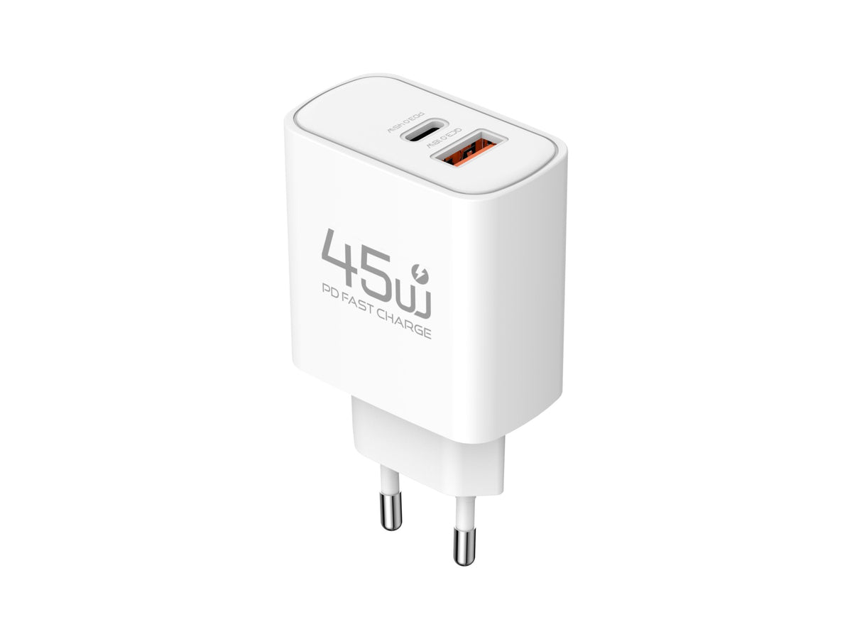 Carregador USB-C 45W TECHANCY TM02127, Carregamento Rapido PD 3.0 PPS, USB-A QC 3.0, 2 Portas, Ficha Europeia, Branco