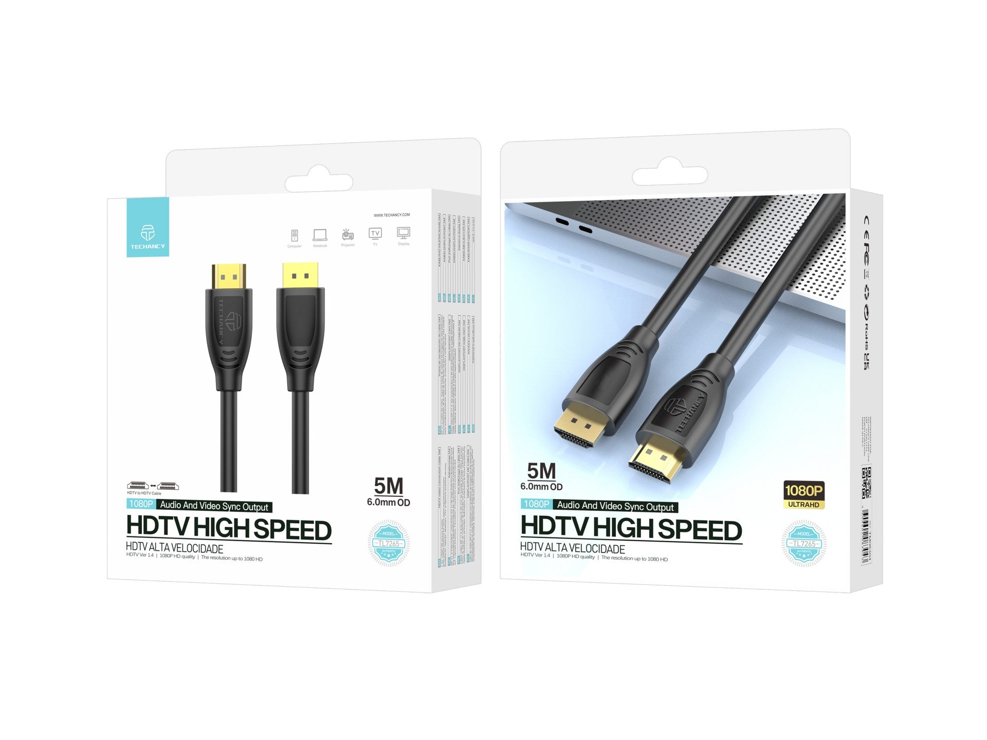 Techancy Cabo Hdtv De Alta Velocidade TL7265,5m, Ecrã Hd 1080p Para Televisores, Computadores, Projectores E Consolas