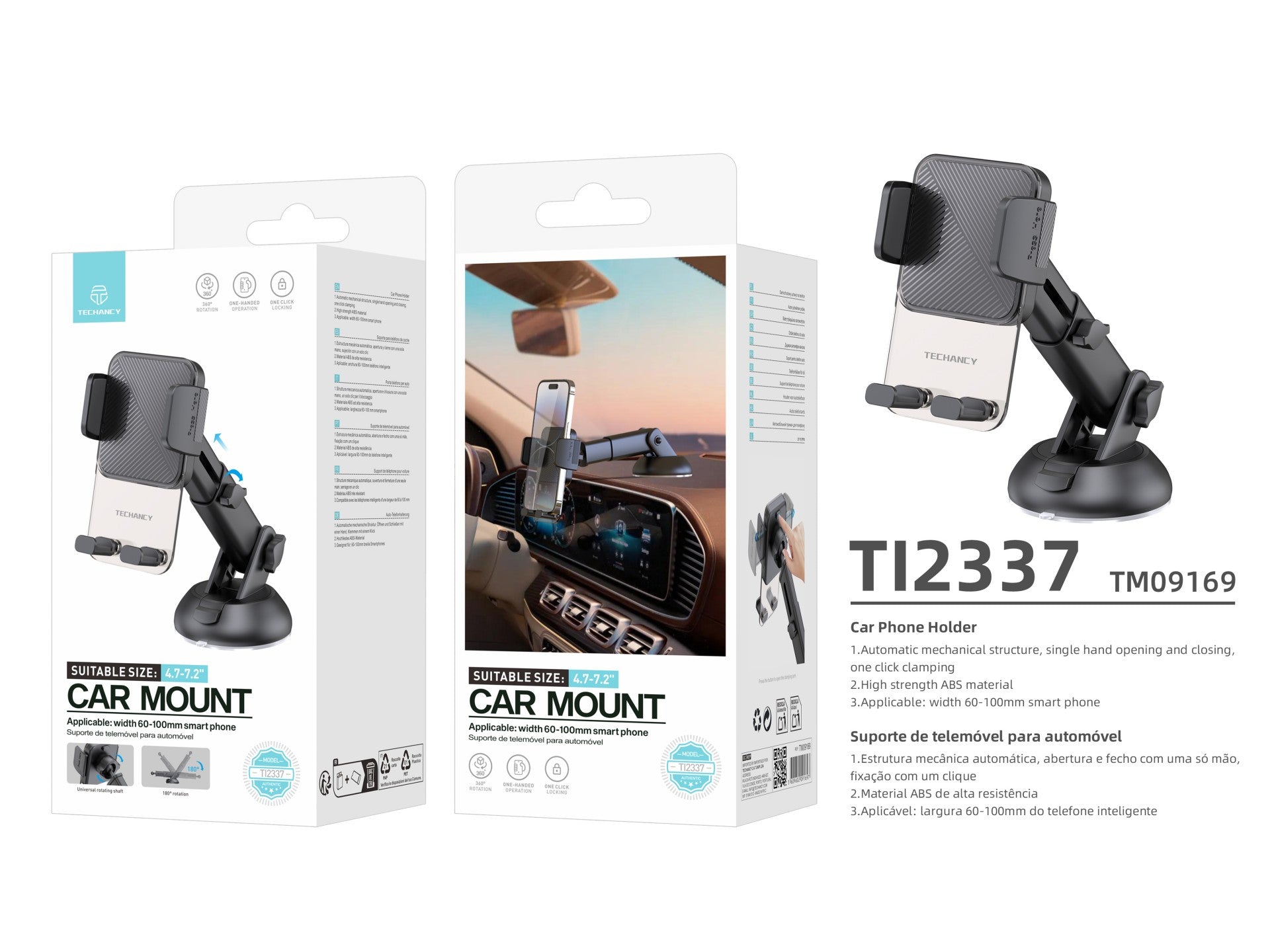 Techancy Suporte para TelemOvel com Ventosa TI2337, Operação com Uma Mão, ABS de Alta Resistência, para Smartphones 4.7"-7.2", Preto