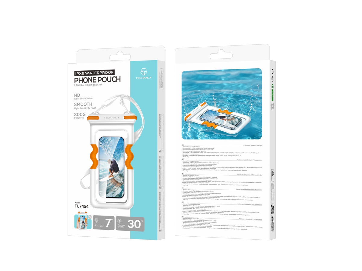 Bolsa Impermeavel Insuflavel para Telemovel Techancy TU7454, 7 Polegadas, IPX8, Ate 30m, Flutuante, Ecra Tatil, Branco e Laranja