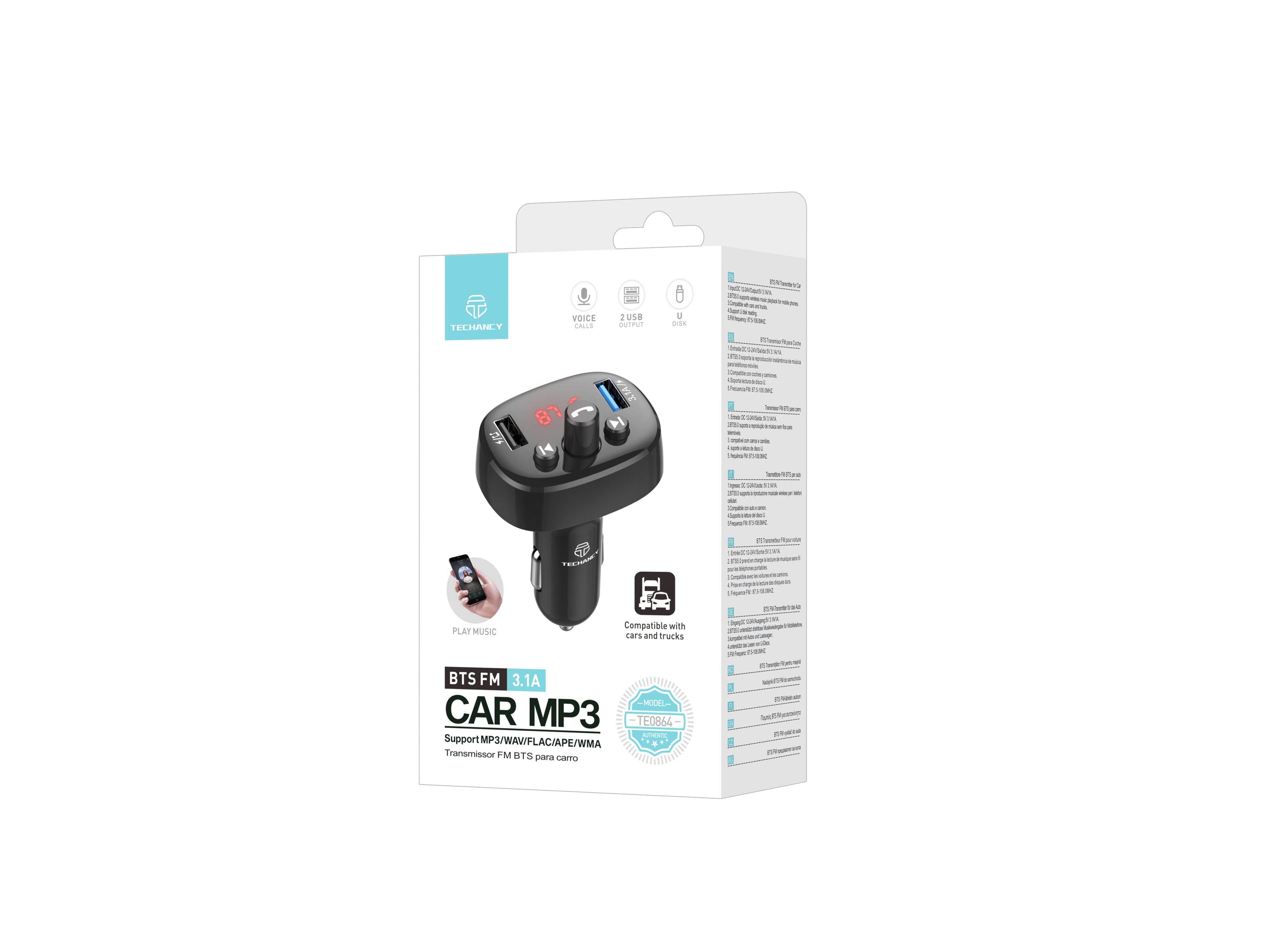 Techancy FM Car Transmitter Black TE0864, ??3.1a, 2 USB Ports, MP3 Player, Compatible with 12v-24v Voltage.