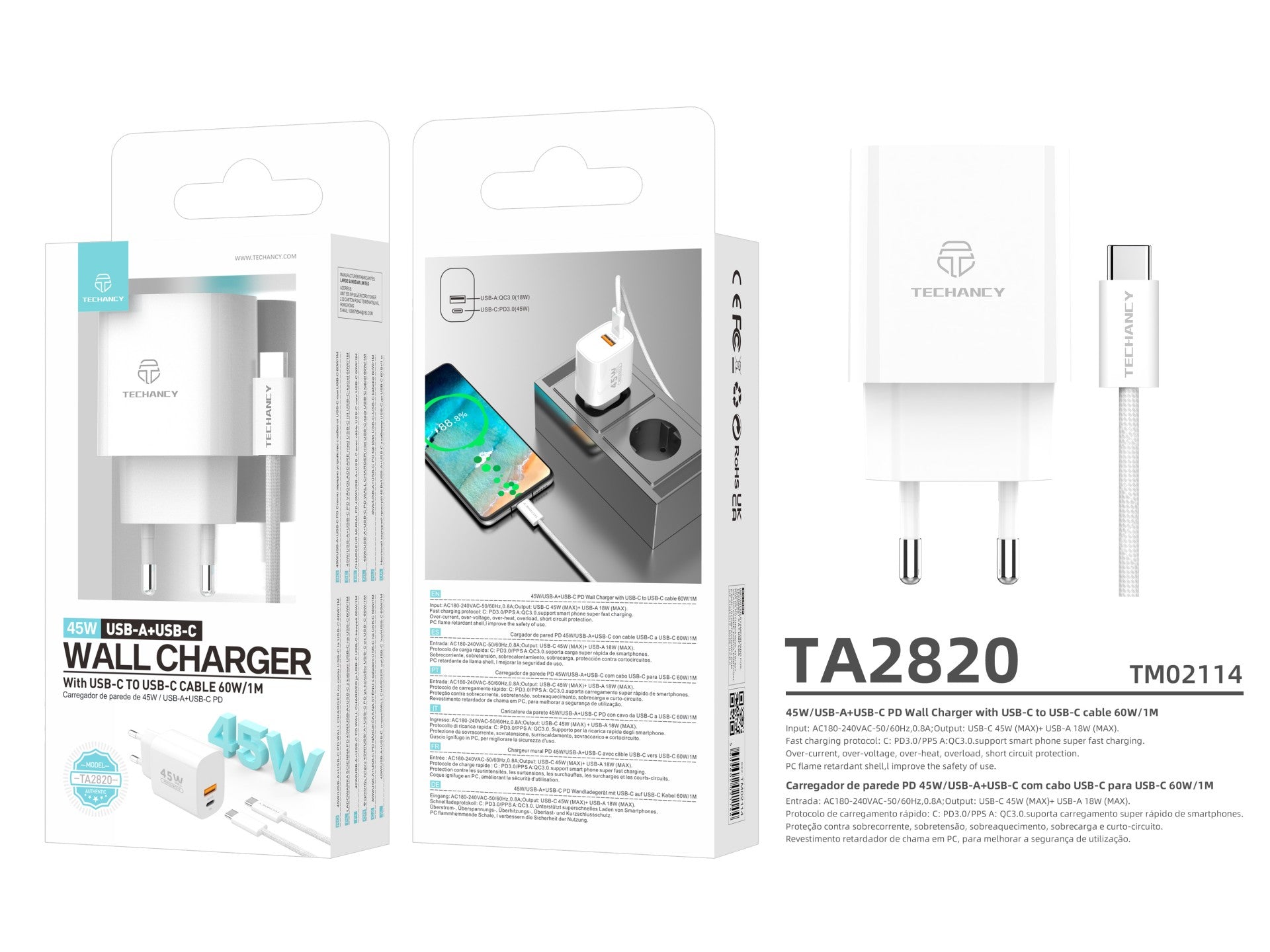 Cargador Techancy TA2820 USB-A+USB-C, 45 W PD, con cable USB-C a USB-C de 1 m, compatible con varios dispositivos
