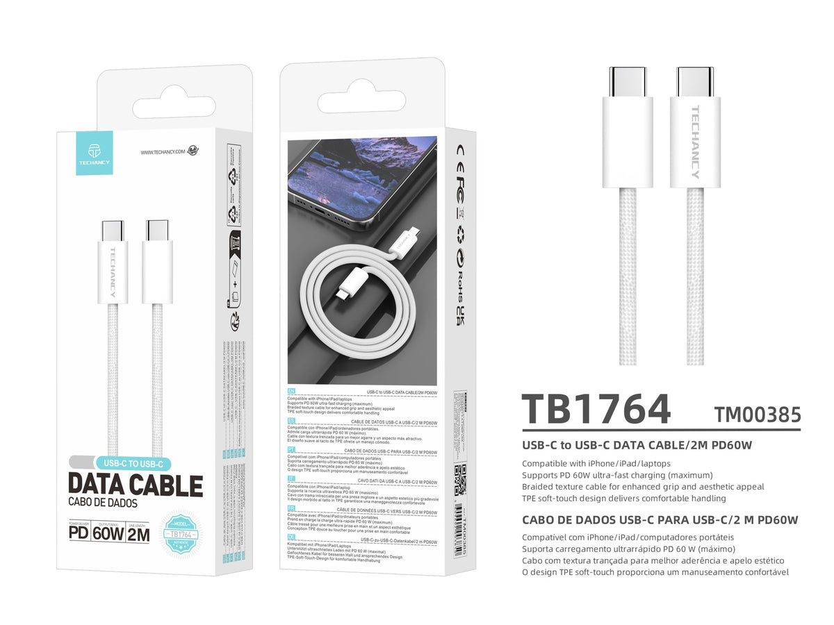 Cabo USB-C para USB-C 2 m TECHANCY TB1764, PD 60W, Carregamento Rapido e Dados, Textura Entrancada, Branco, TPE