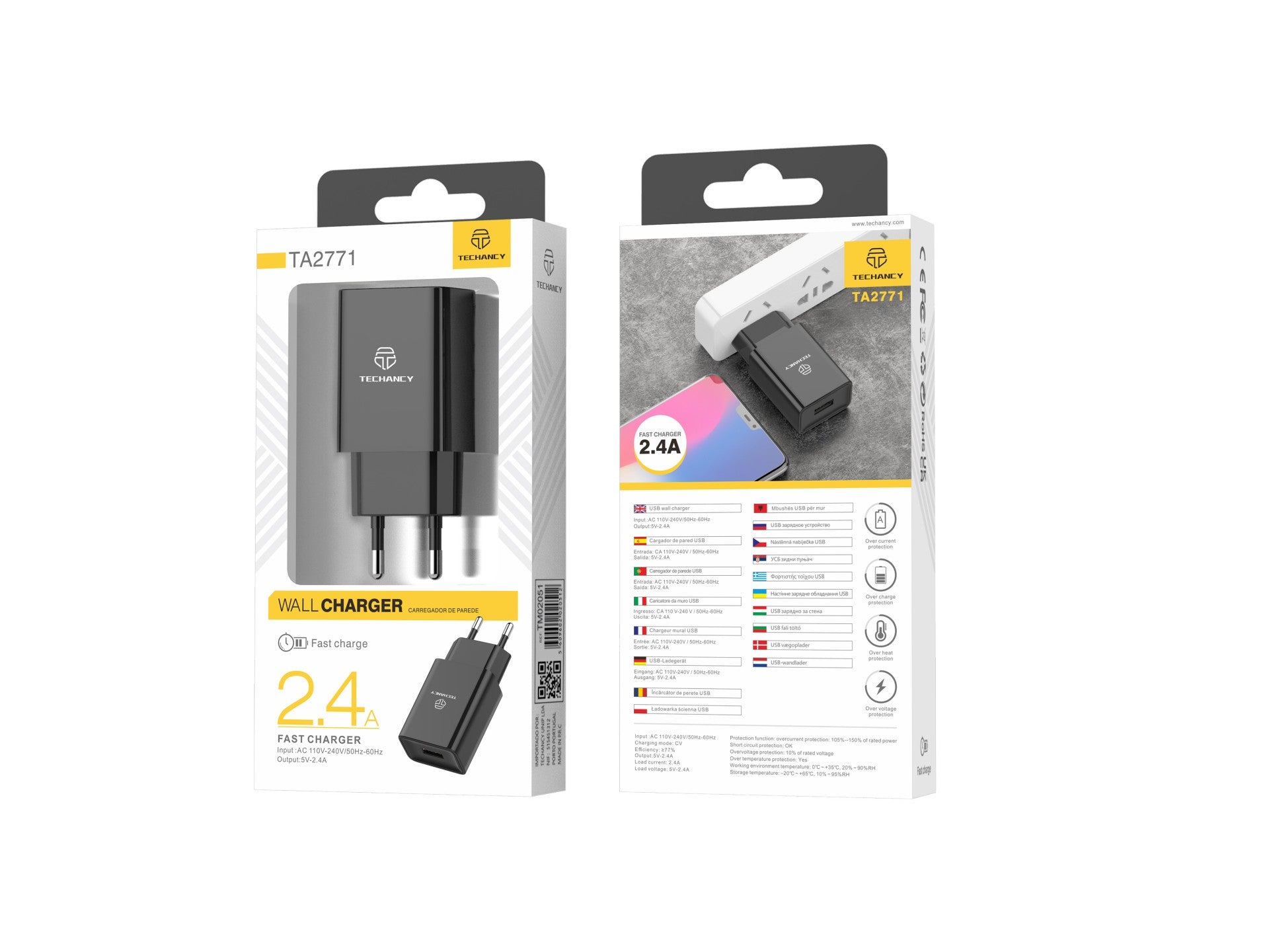 Techancy Black Mobile Phone Charger TA2771, USB Output 5V-2.4A Charging, Compatible with Samsung, Huawei, Apple, etc.