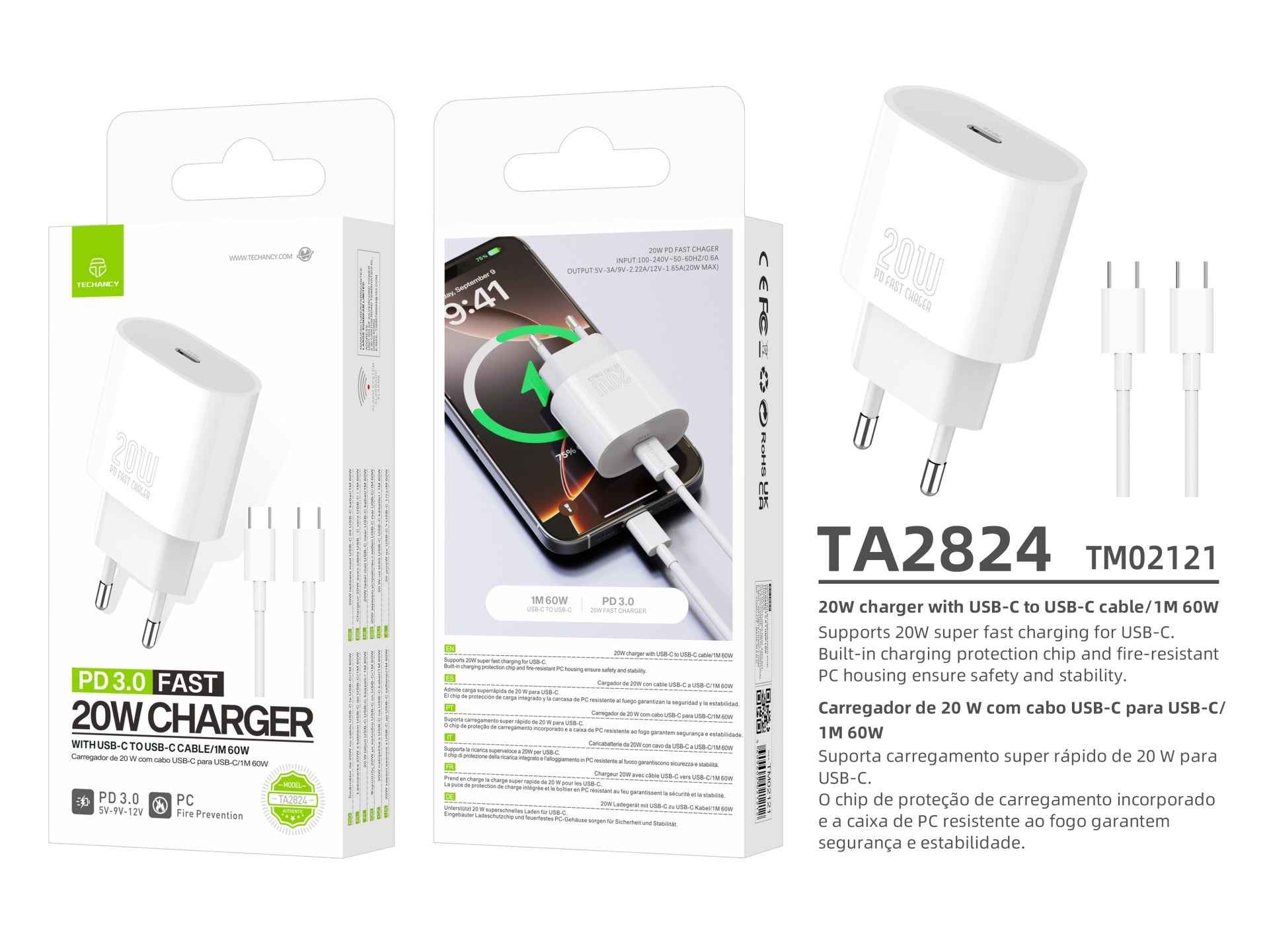 Techancy Carregador TA2824 PD3.0 20W com Cabo USB-C para USB-C Compativel com Tablets Portateis Telemoveis Android
