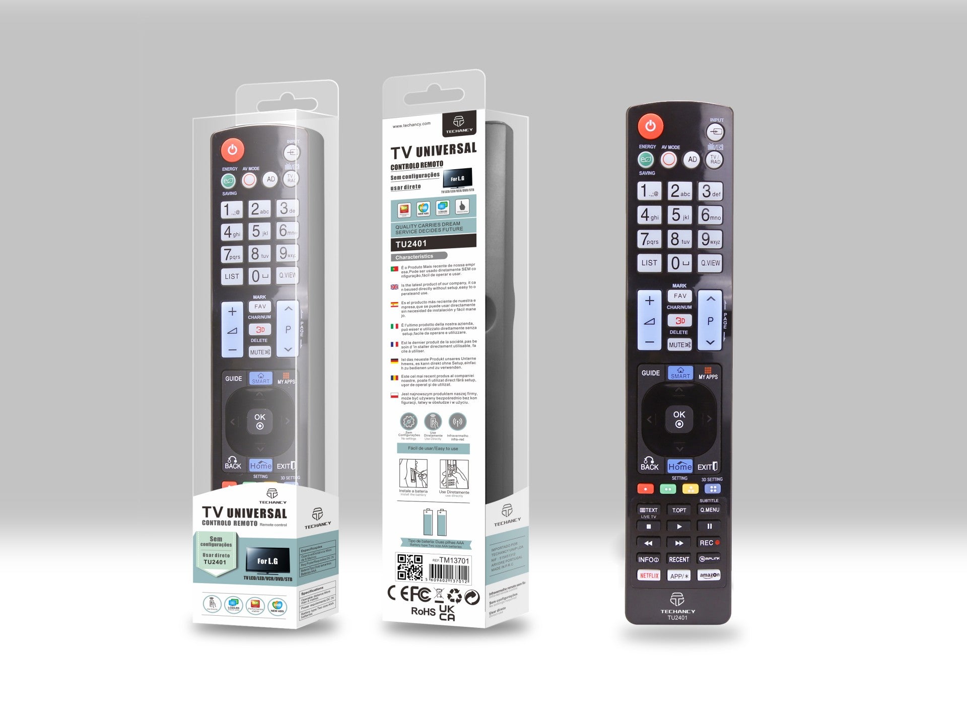 Techancy Controlo Remoto Do Televisor TU2401, Alcance Sem Fios De 8m, Compatível Com Televisores Lg, Ligação Auto-Adaptável