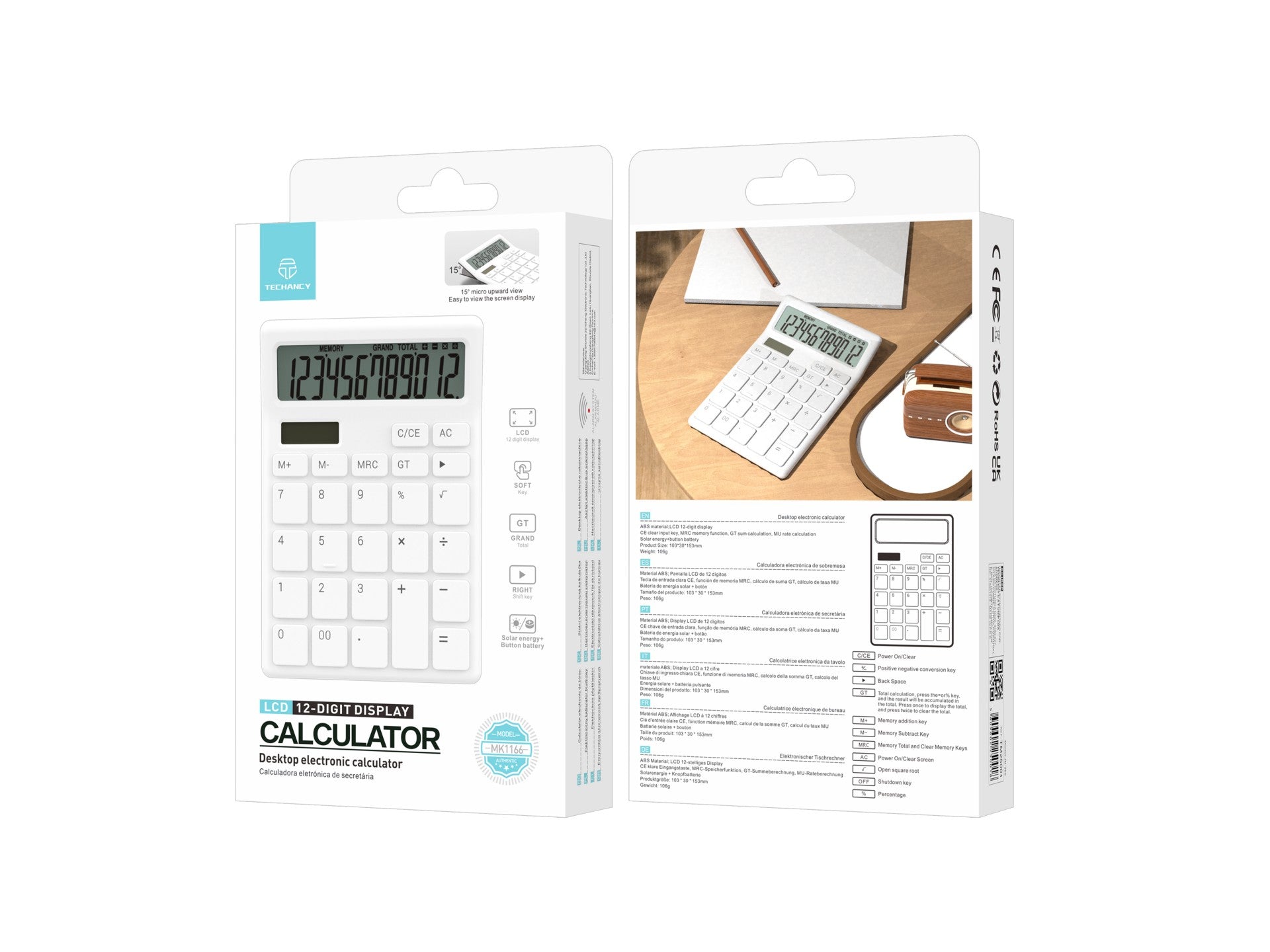 Calculadora de escritorio Techancy MK1166 de 12 dígitos con función de doble energía GT/MU ABS TM25001 blanca