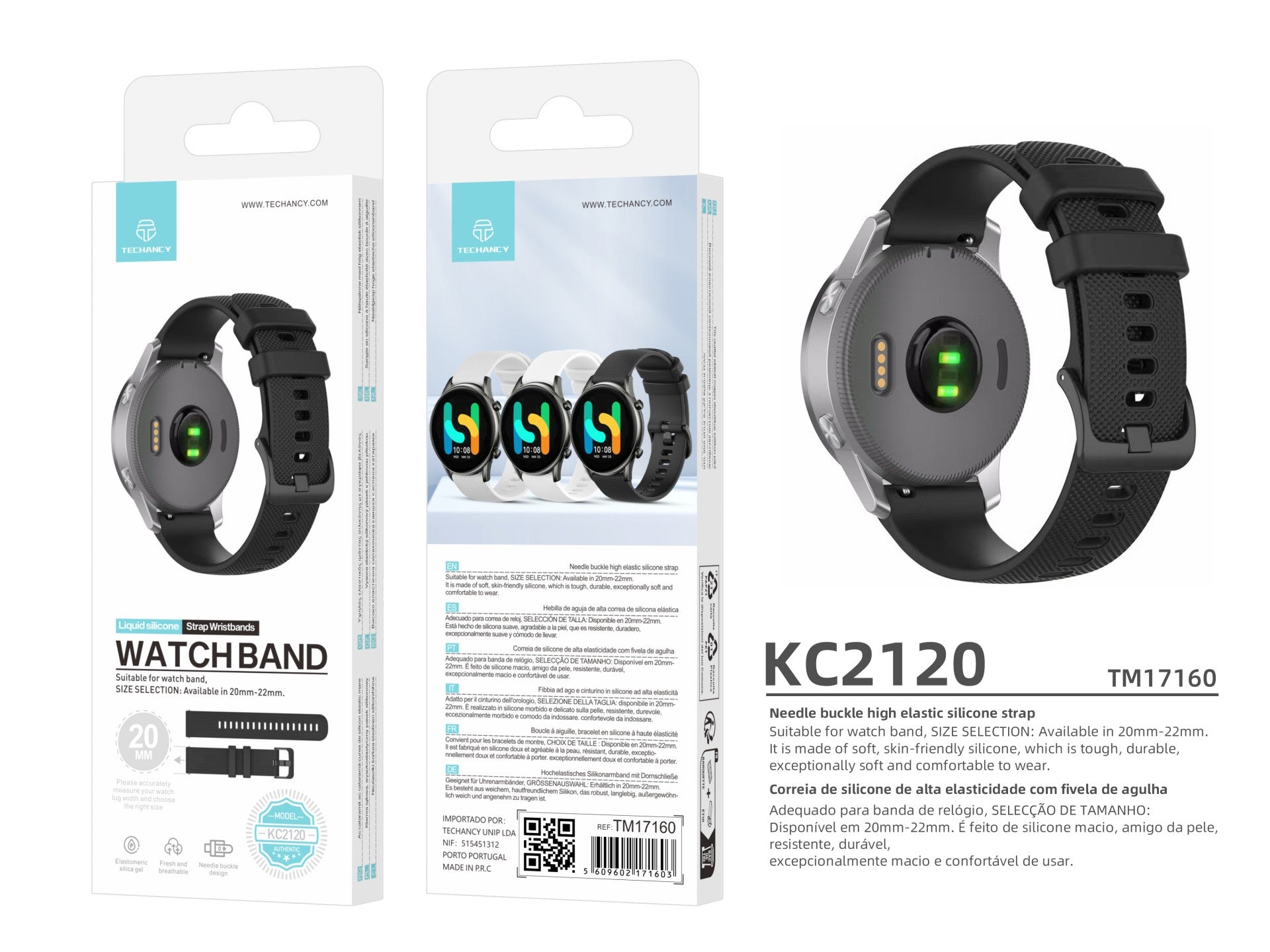 Techancy Pulseira De Relógio Inteligente Preta De 20mm KC2120, Compatível Com Samsung Galaxy Watch/Huawei Watch