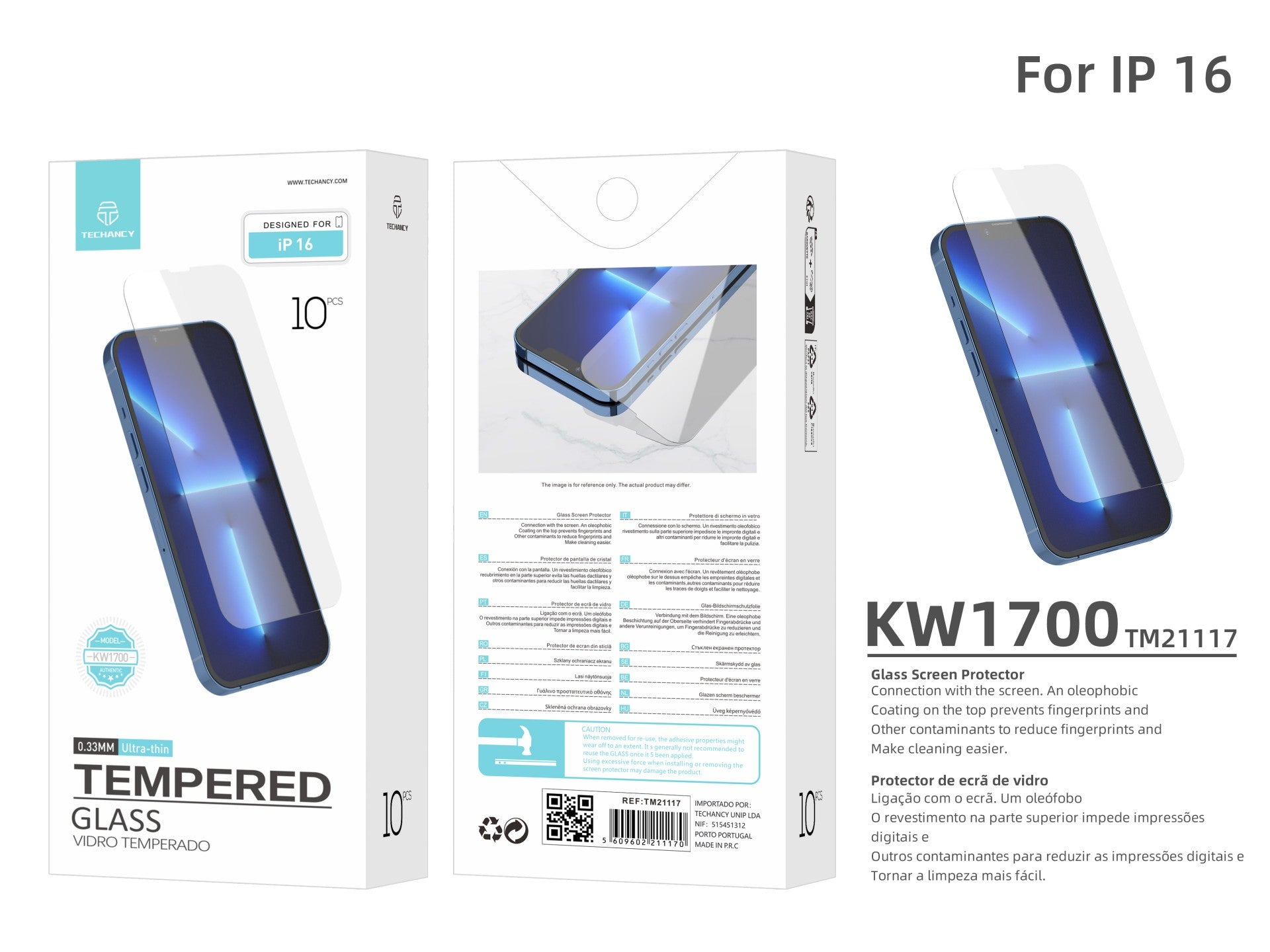 Techancy Película de Vidro Temperado para iPhone 16 KW1700 , 0.33MM, Anti-riscos, Alta Transparência, Fácil Aplicação