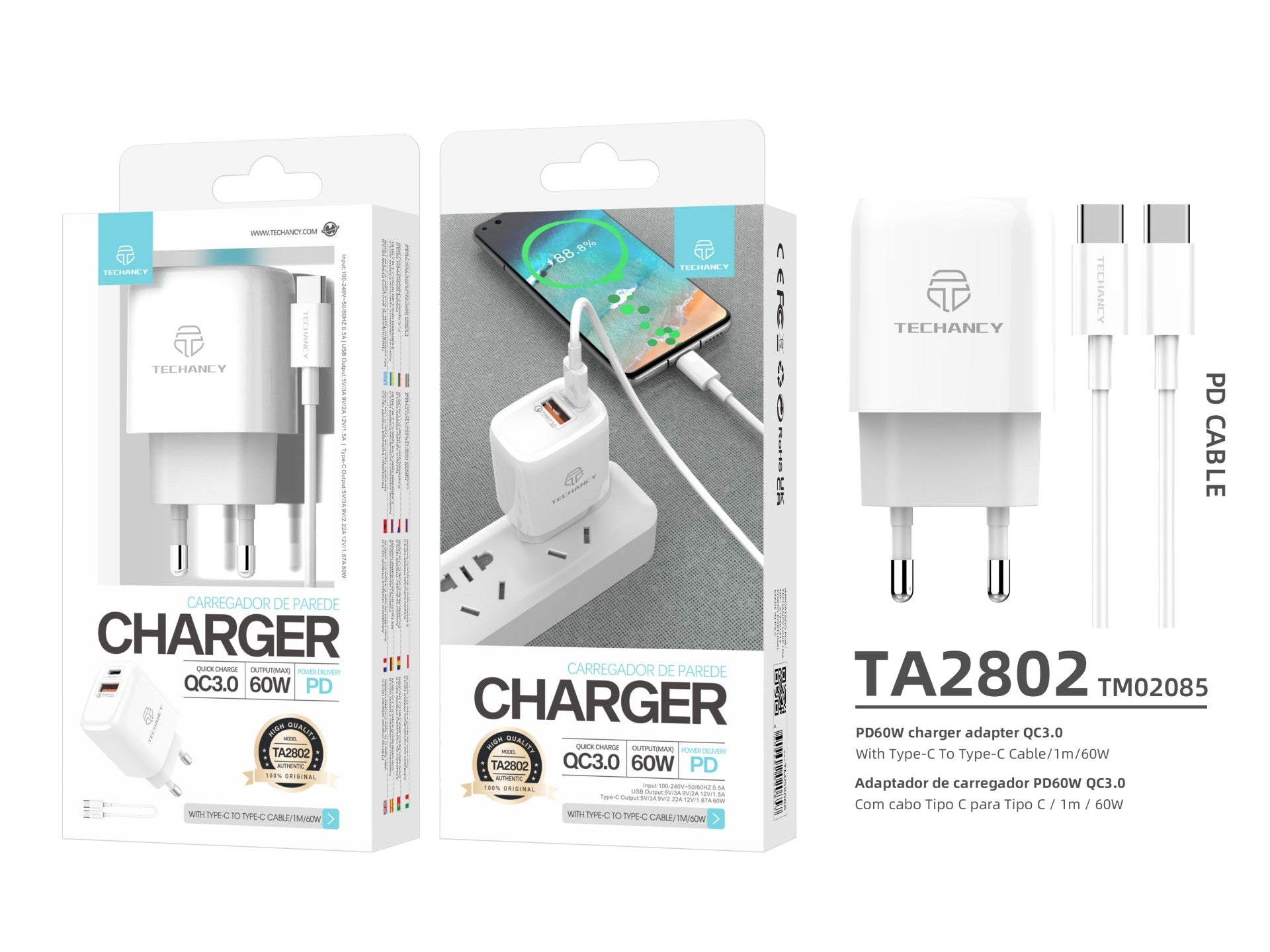 Cargador Techancy TA2802 blanco de 20 W con compatibilidad con PD y QC3.0 y cable USB-C blanco de 1 m