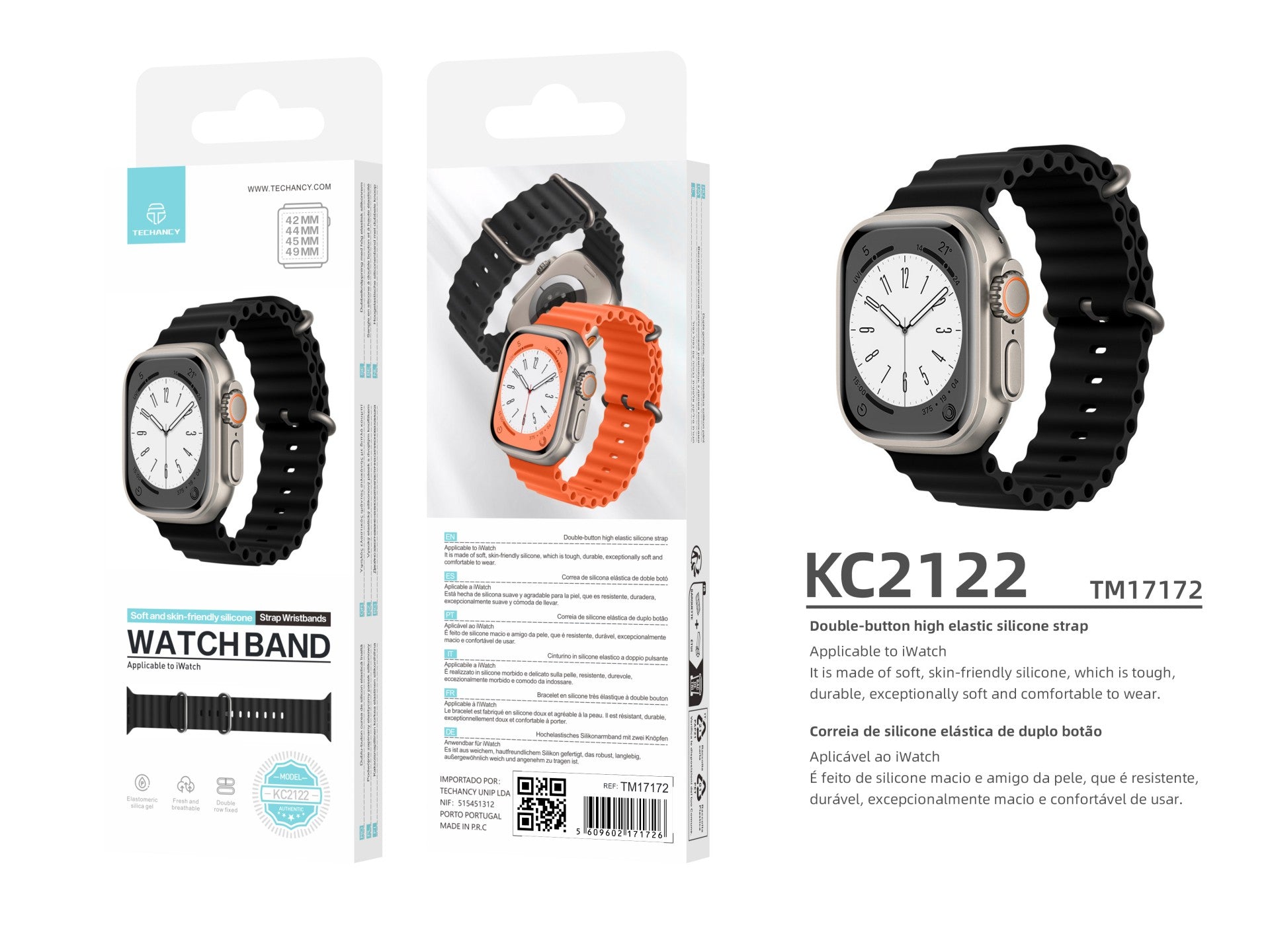 Techancy Bracelete De Silicone Preta KC2122, Compatível Com Apple Watch 42mm/44mm/45mm/49mm, Material De Silicone Macio