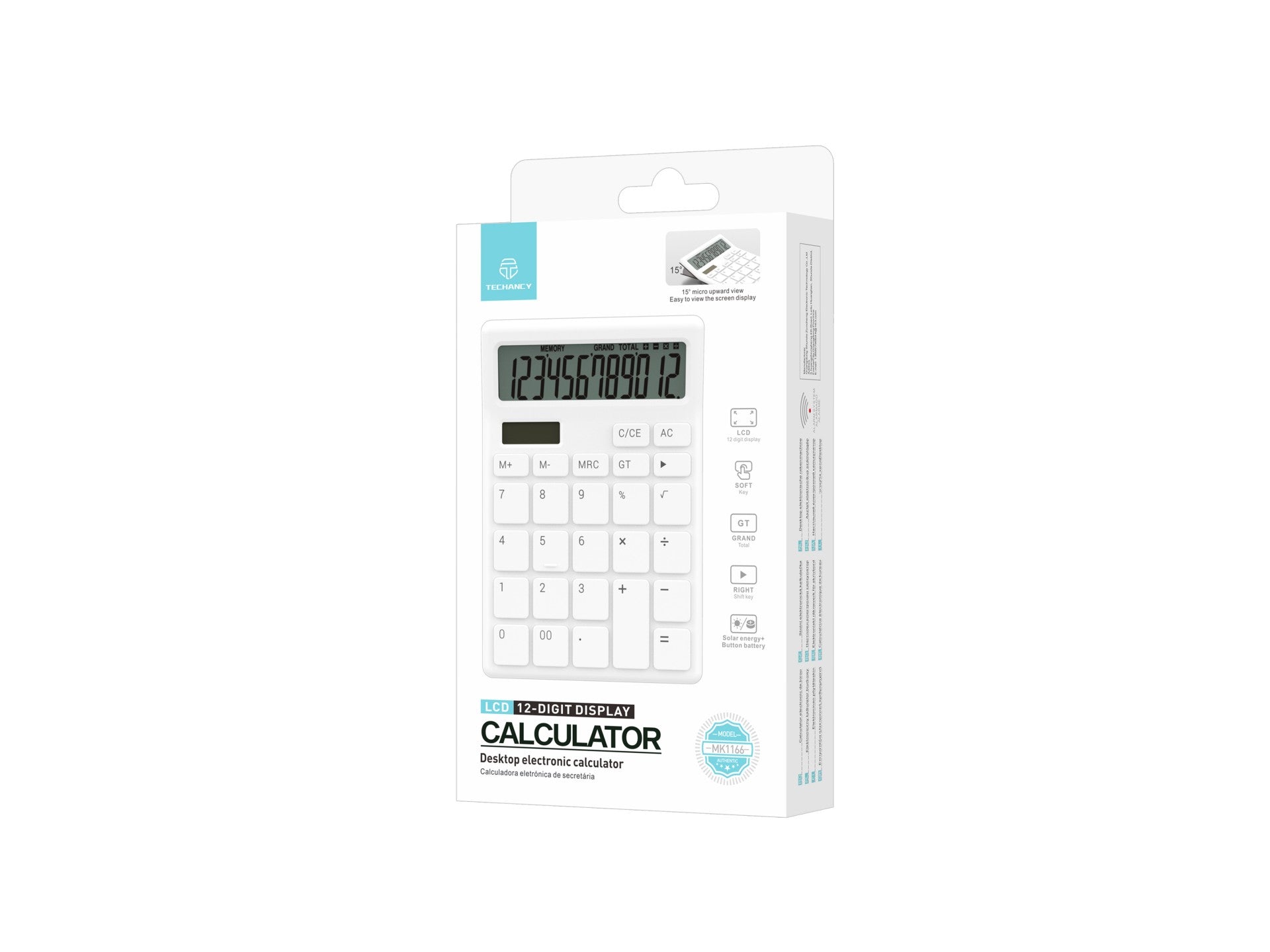 Calculadora de escritorio Techancy MK1166 de 12 dígitos con función de doble energía GT/MU ABS TM25001 blanca