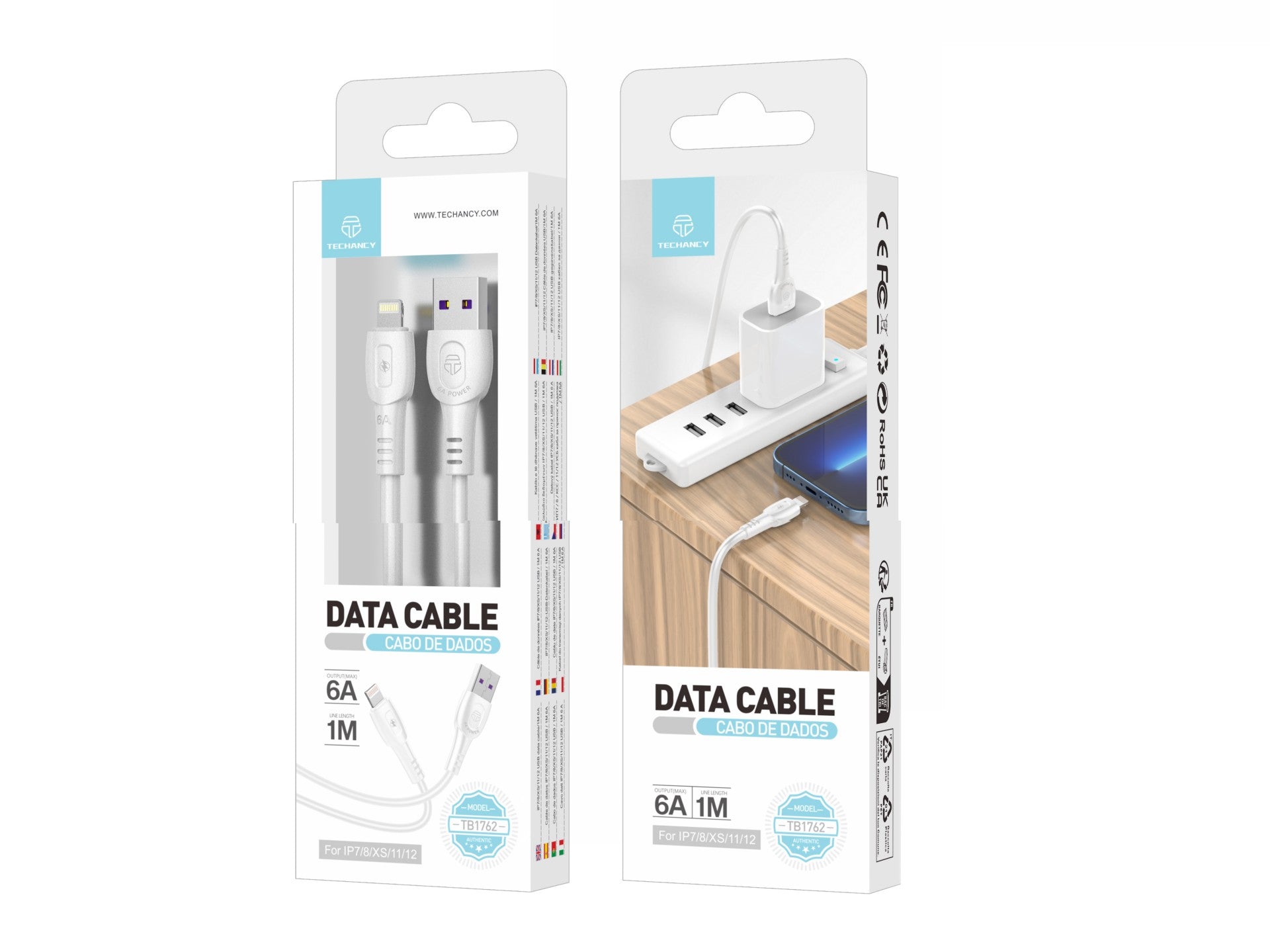Techancy Super Fast Charging Data Cable 6A White TB1762, USB-IP8/X/11-14 Port, 1M Long, Fast Charging