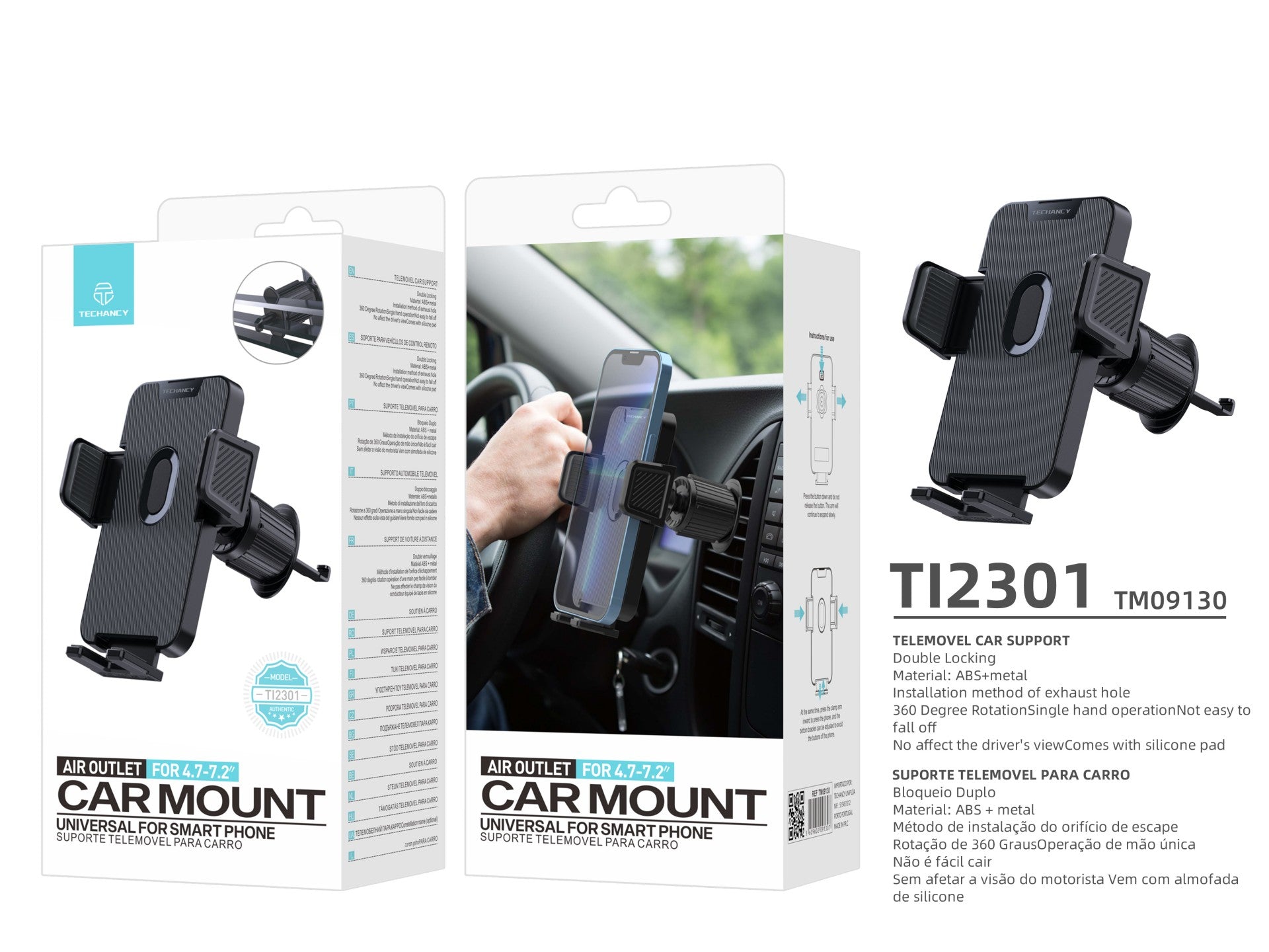 Soporte para teléfono de coche Techancy Ti2301, negro, para rejilla de ventilación, para dispositivos de 4,7 a 7,2 pulgadas, giratorio 360°