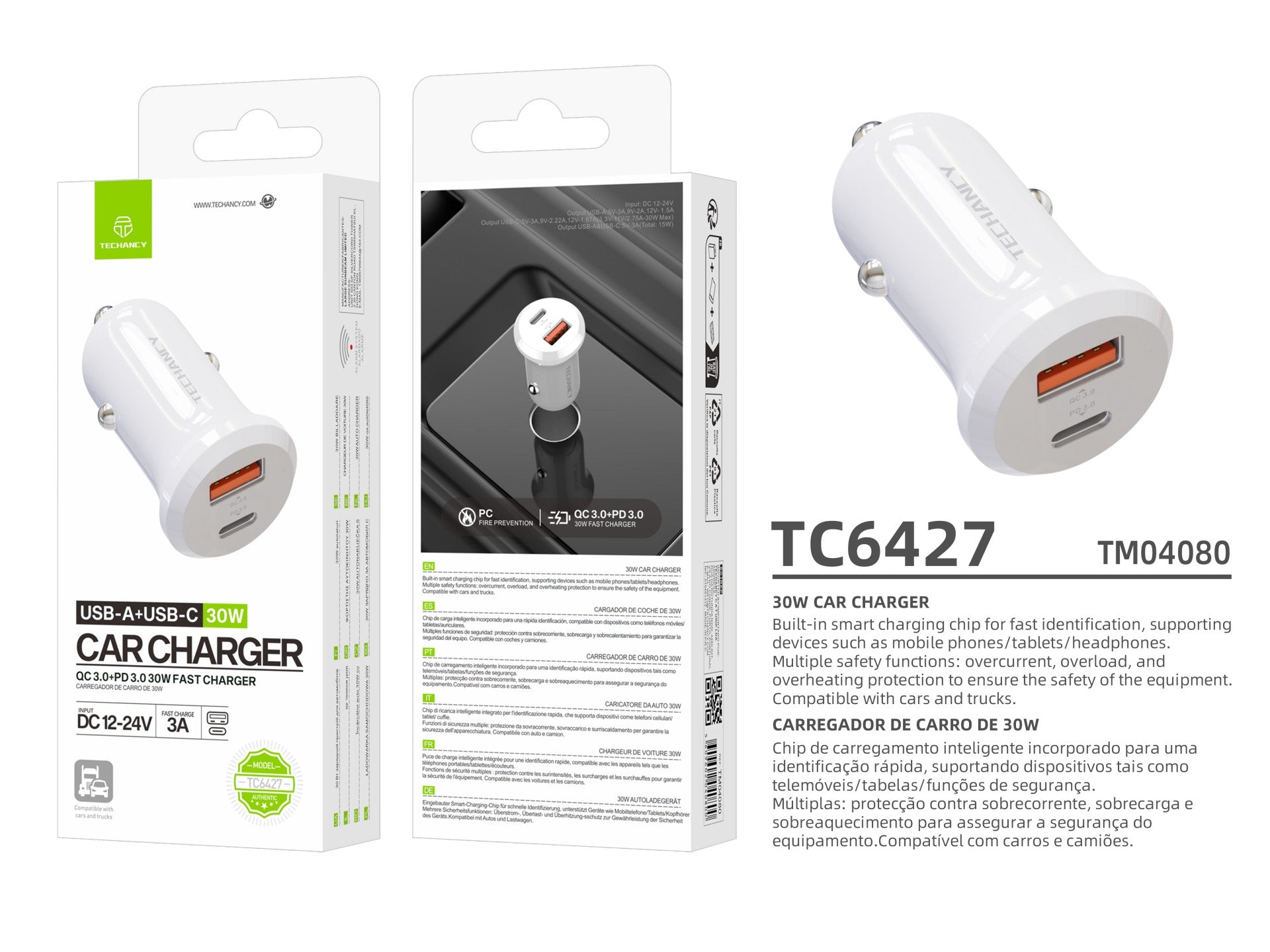 Cargador de coche Techancy 30 W TC6427 USB-A + USB-C, carga rápida QC3.0 PD3.0, compatible con teléfonos móviles, tabletas y auriculares de 12 V a 24 V.