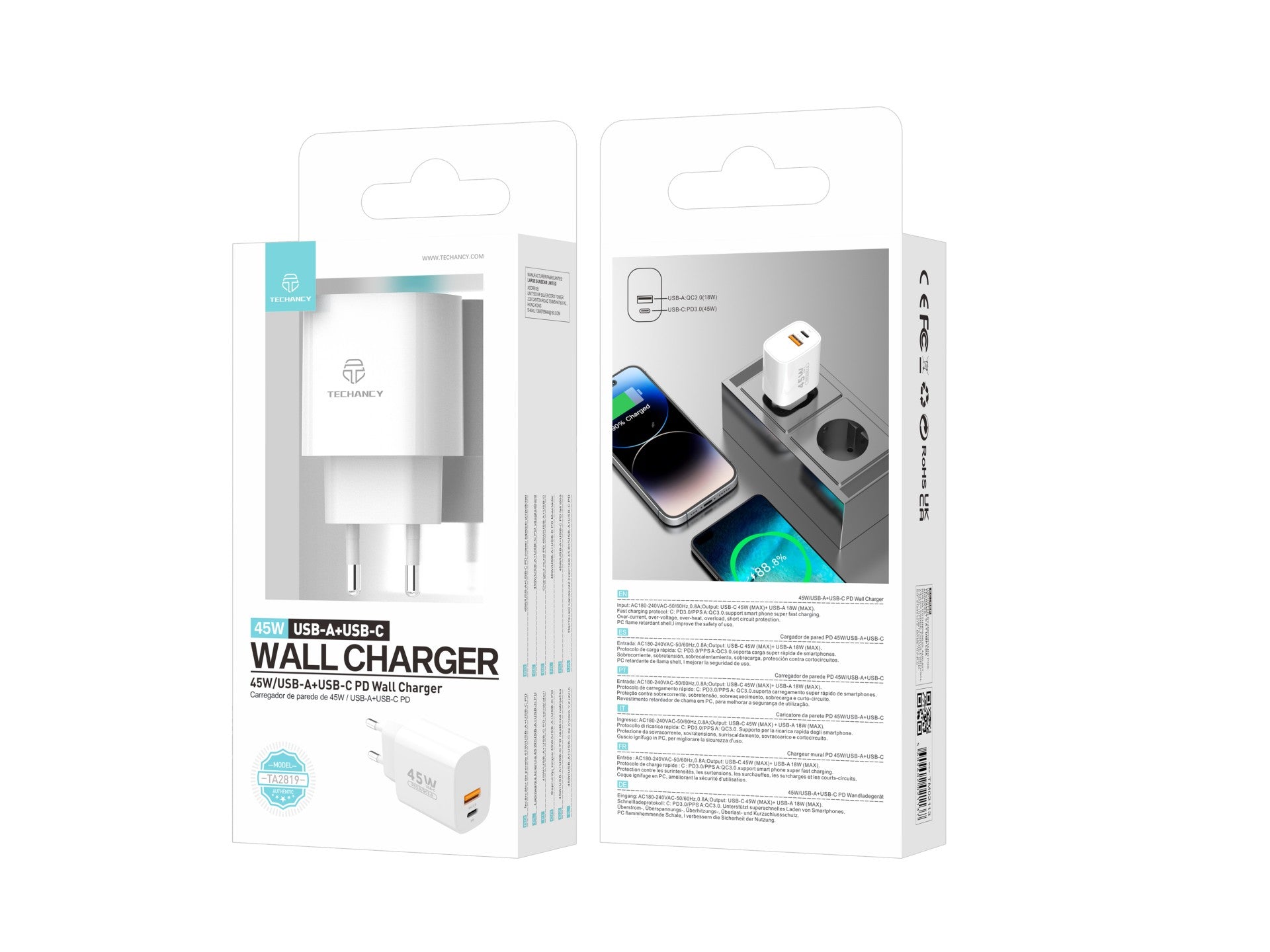 Techancy Carregador USB-A+USB-C TA2820, 45W PD, Dupla SaIda, Design Portatil, CompatIvel com Múltiplos Dispositivos