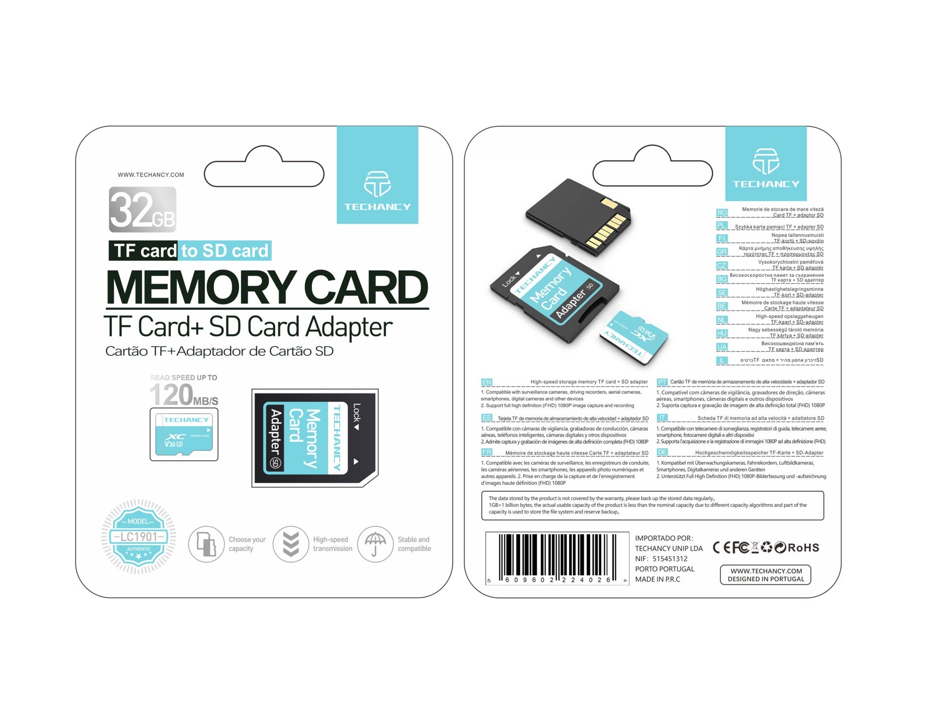 Techancy Cartão De Memória Micro Sd De Alta Velocidade LC1901,32GB Com Adaptador, Compatível Com Telemóveis, Mp3, Câmaras, Etc.