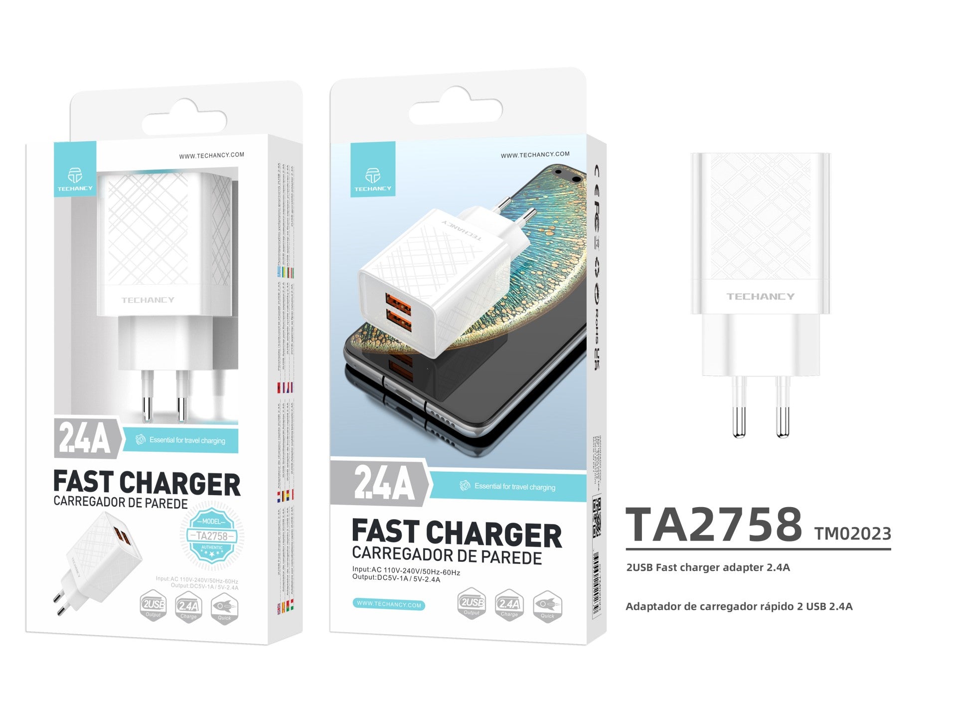 Techancy USB Charger 2.4A White TA2758, 2USB Output, Integrated Smart Chip, Multi-Device Simultaneous Charging