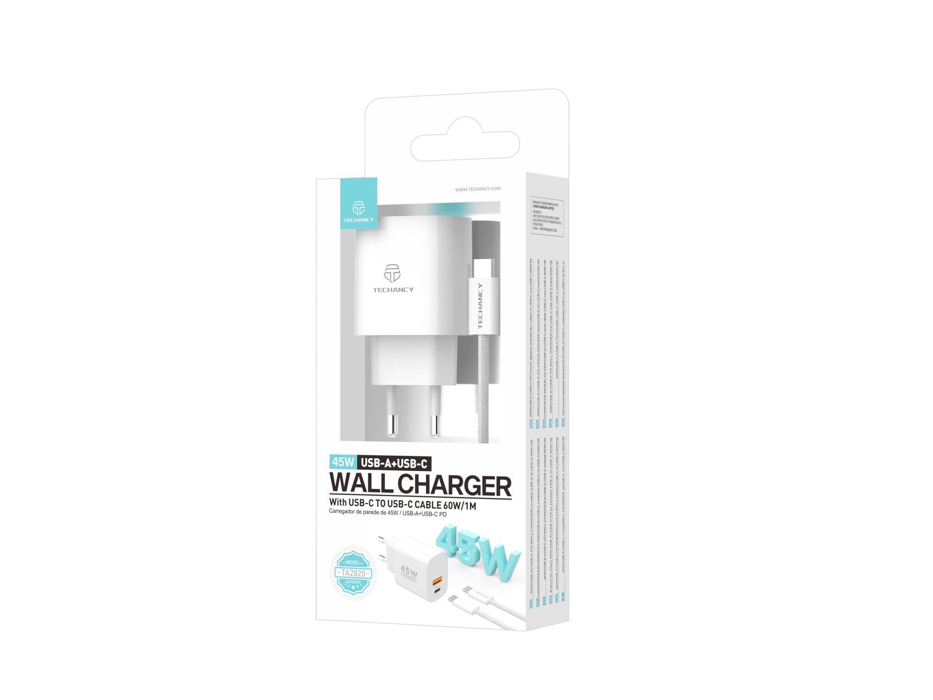 Cargador Techancy TA2820 USB-A+USB-C, 45 W PD, con cable USB-C a USB-C de 1 m, compatible con varios dispositivos