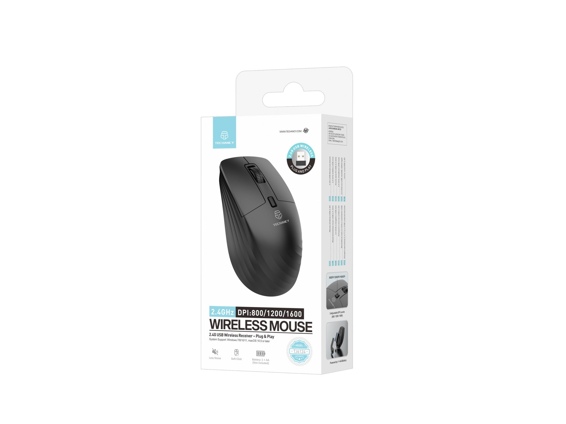 Ratón inalámbrico Techancy TJ6124 2.4G con receptor USB, Plug and Play, botones silenciosos, 800/1200/1600 DPI, negro