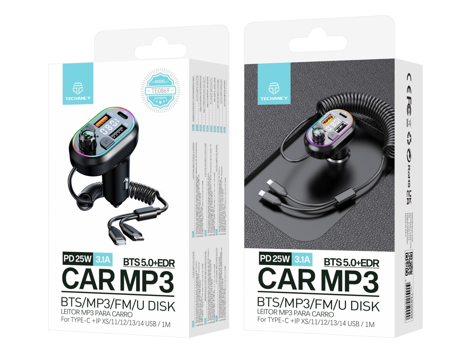 Techancy Leitor De Mp3 Para Automóvel TE0869, Cabo 2 Em 1, Carregamento Rápido Pd25w, Efeito De Luz Fria
