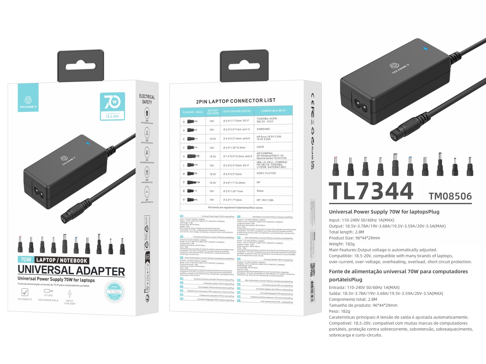 Techancy Adaptador de energia universal TL7344 para laptops, com potência de 70W, 10 conectores e proteções contra sobrecorrente e sobretensão