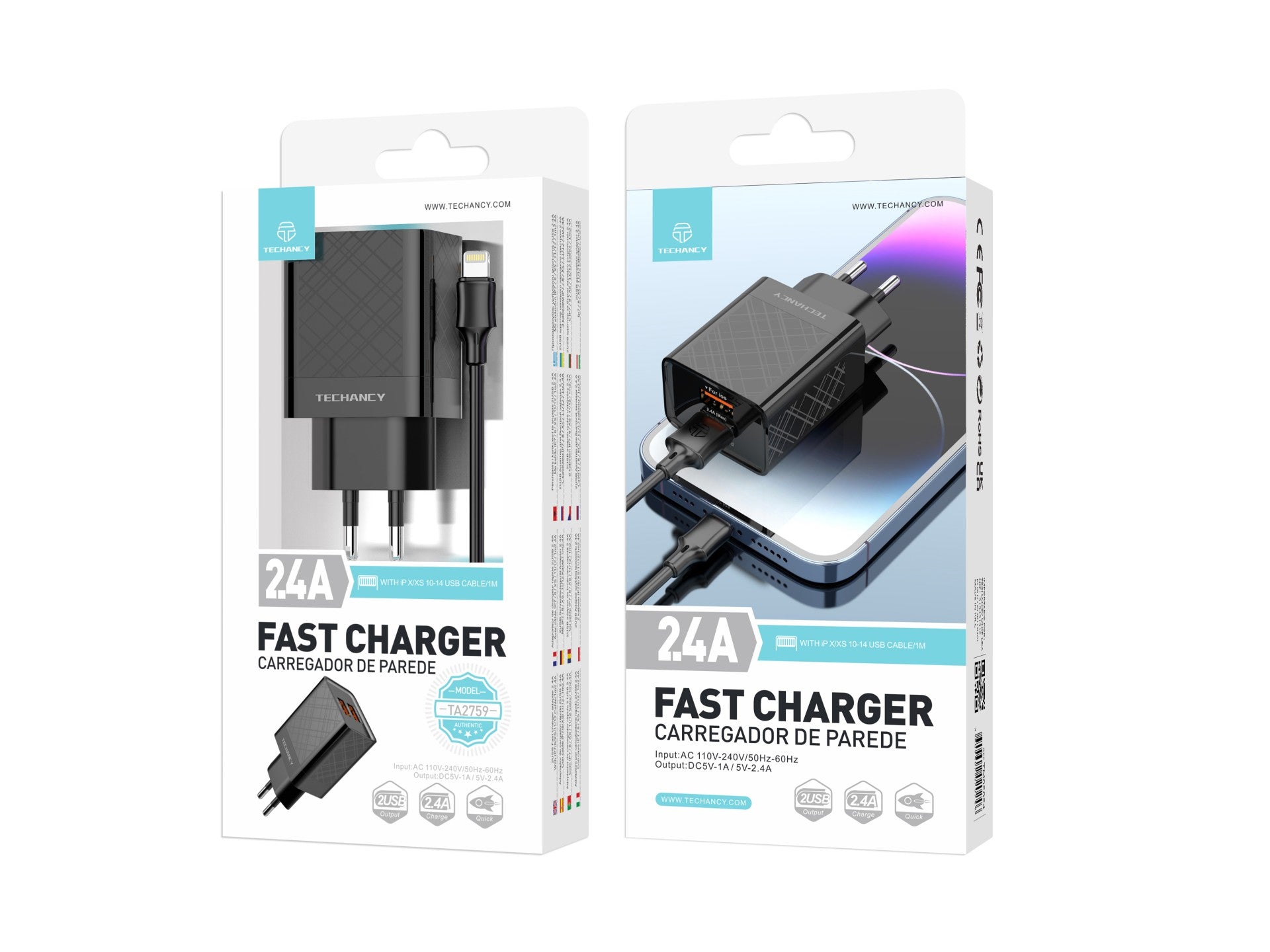 Techancy USB Charger 2.4A Black TA2759, Cable Kit IP7/X/11-14, 1m 2.4A, Built-in Smart Chip.