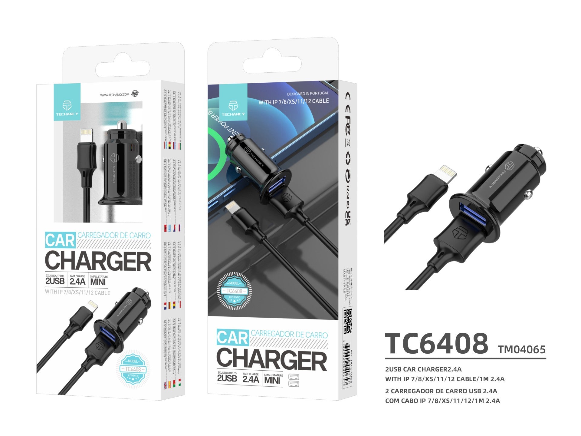 Techancy Carregador De Automóvel Mini TC6408, Carregamento 2usb 2.4A, Kit De Dados Com Cabo Usb-Lightning 1m, Preto
