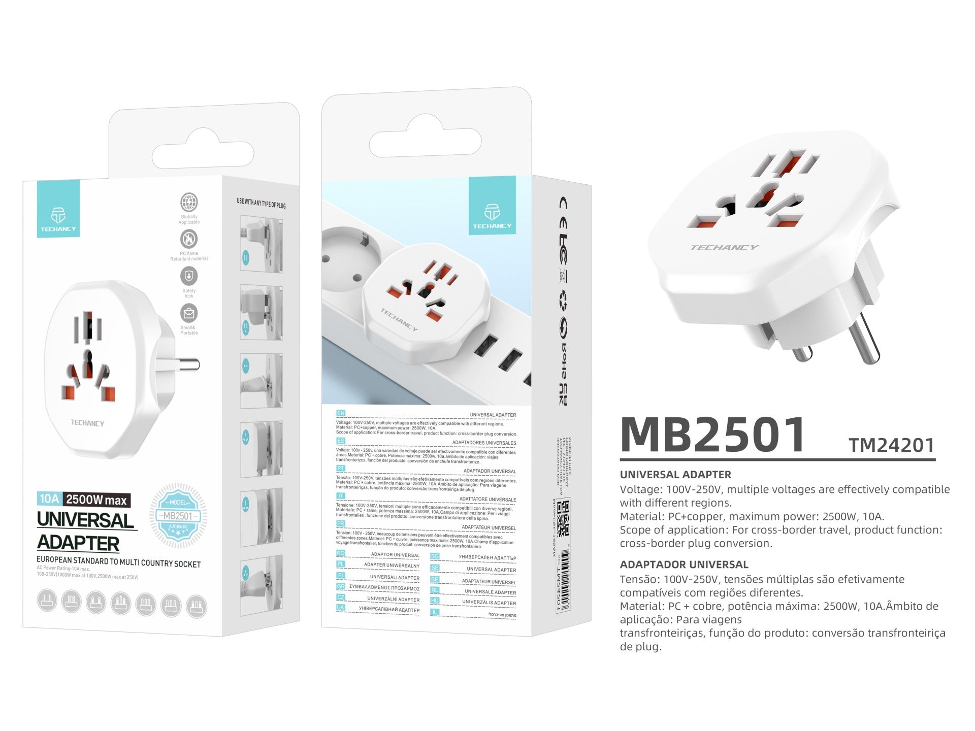Techancy Adaptador De Viagem Branco MB2500, 2500w (Máx.) Ue Para Tomada Global Para Viagens Transfronteiriças