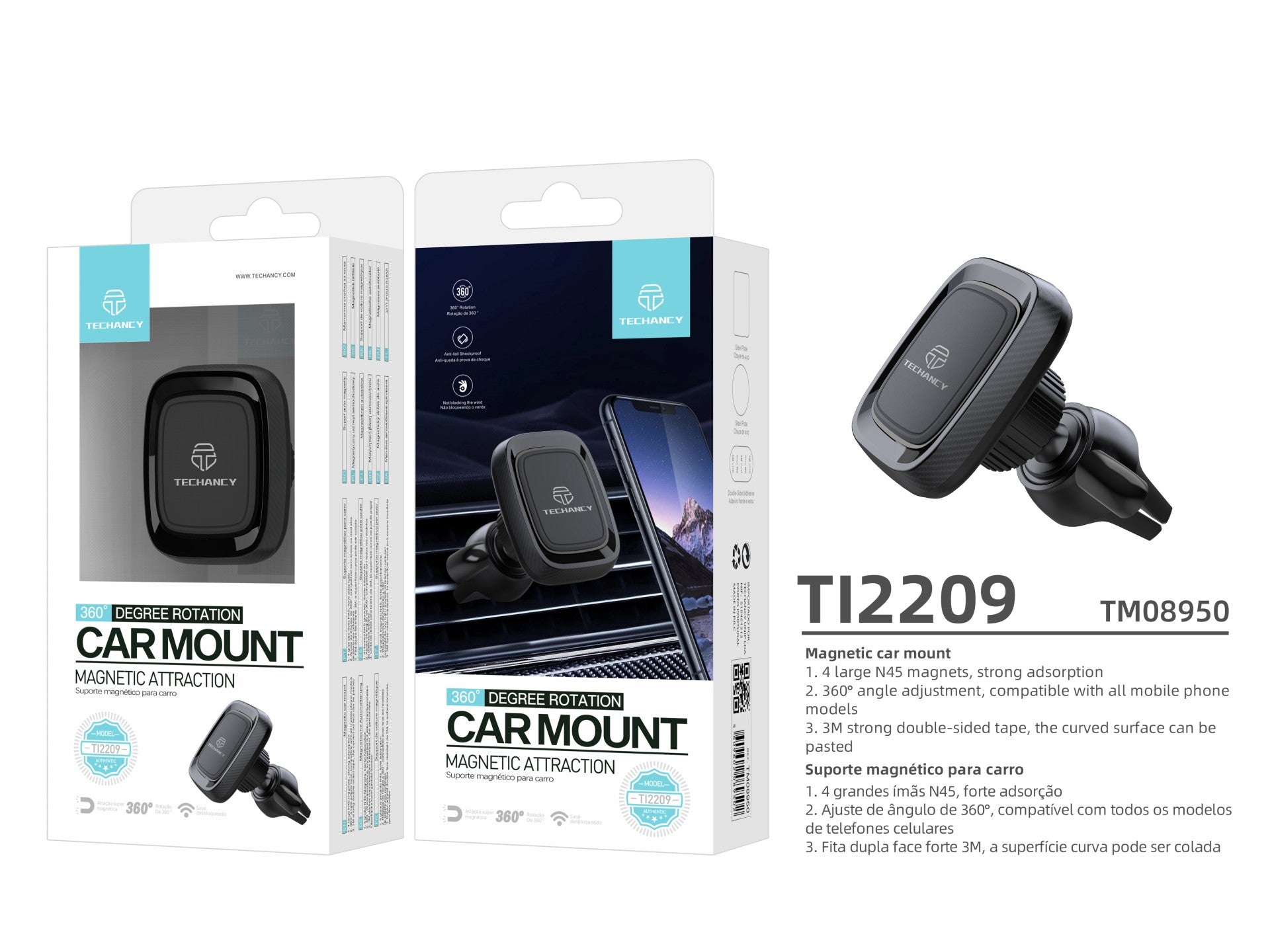 Techancy Ti2209 Magnetic Car Phone Holder, Strong Magnetic Adsorption Capacity. Black