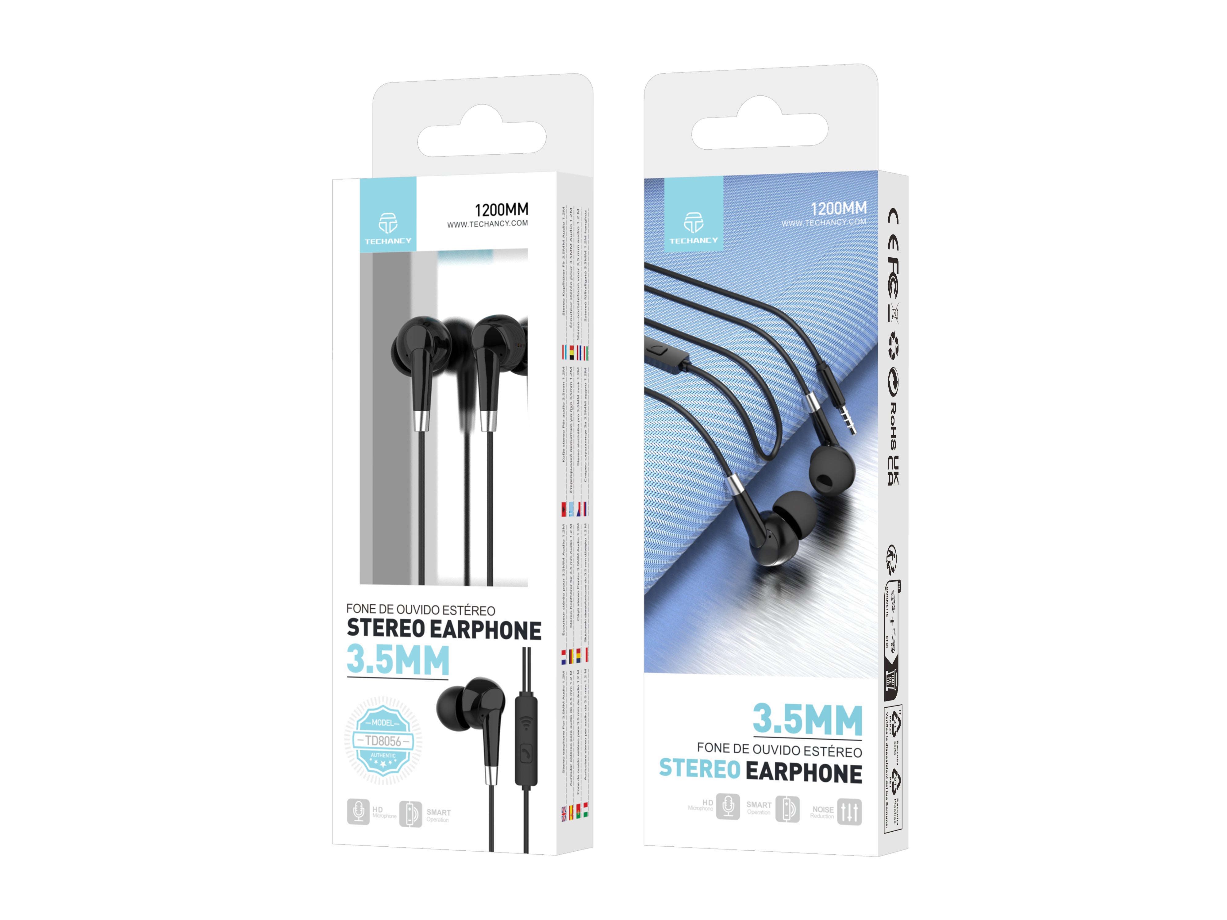 Auriculares intrauditivos Techancy con cables negros de 1,2 m TD8056, conector de 3,5 mm, compatibles con teléfonos móviles, PC, MP3, etc.