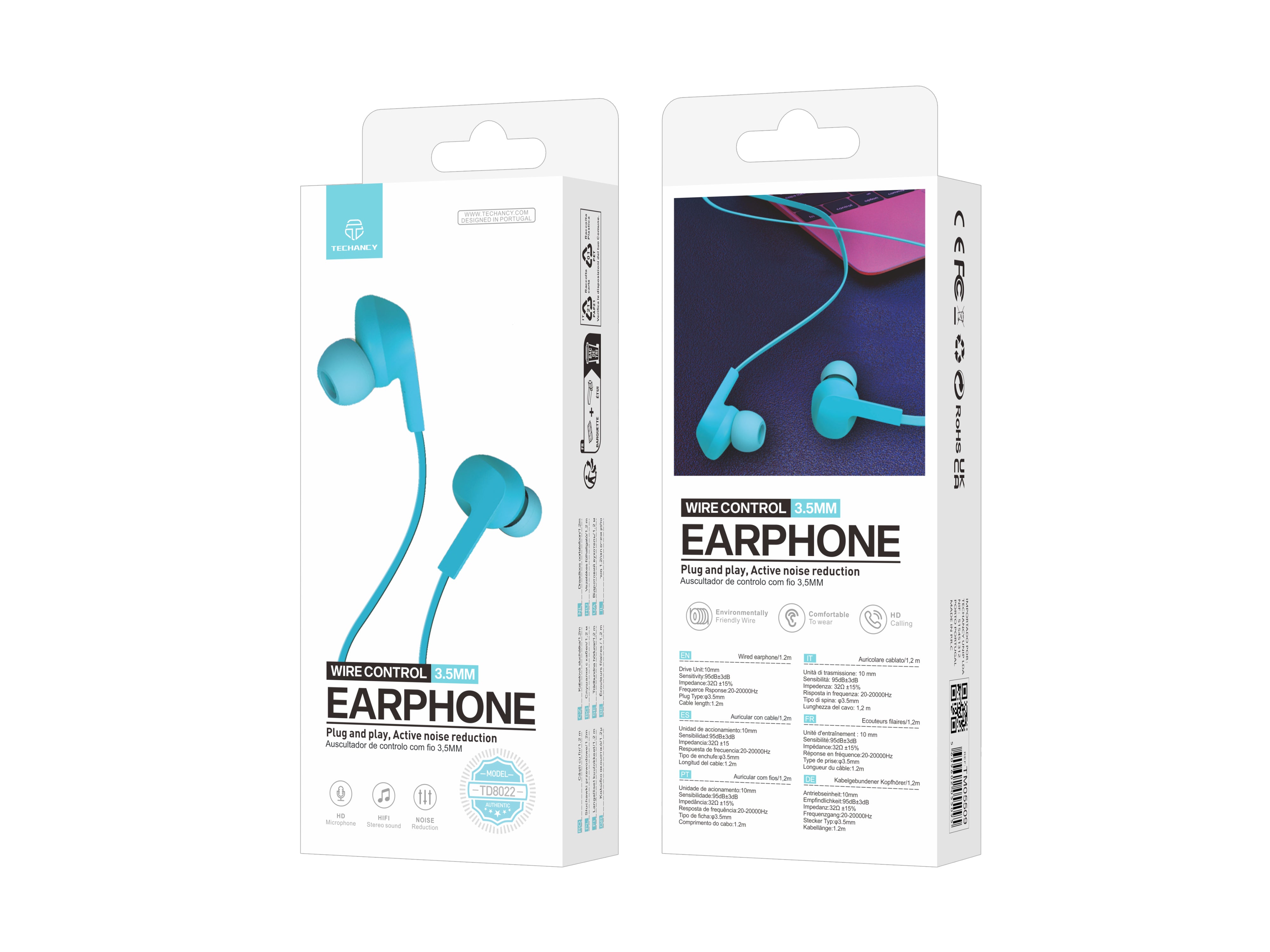 Techancy Auricular Com Fios Azul TD8022 , Microfone Integrado, 3,5 Mm, Compatível Com Smartphones E Tablets