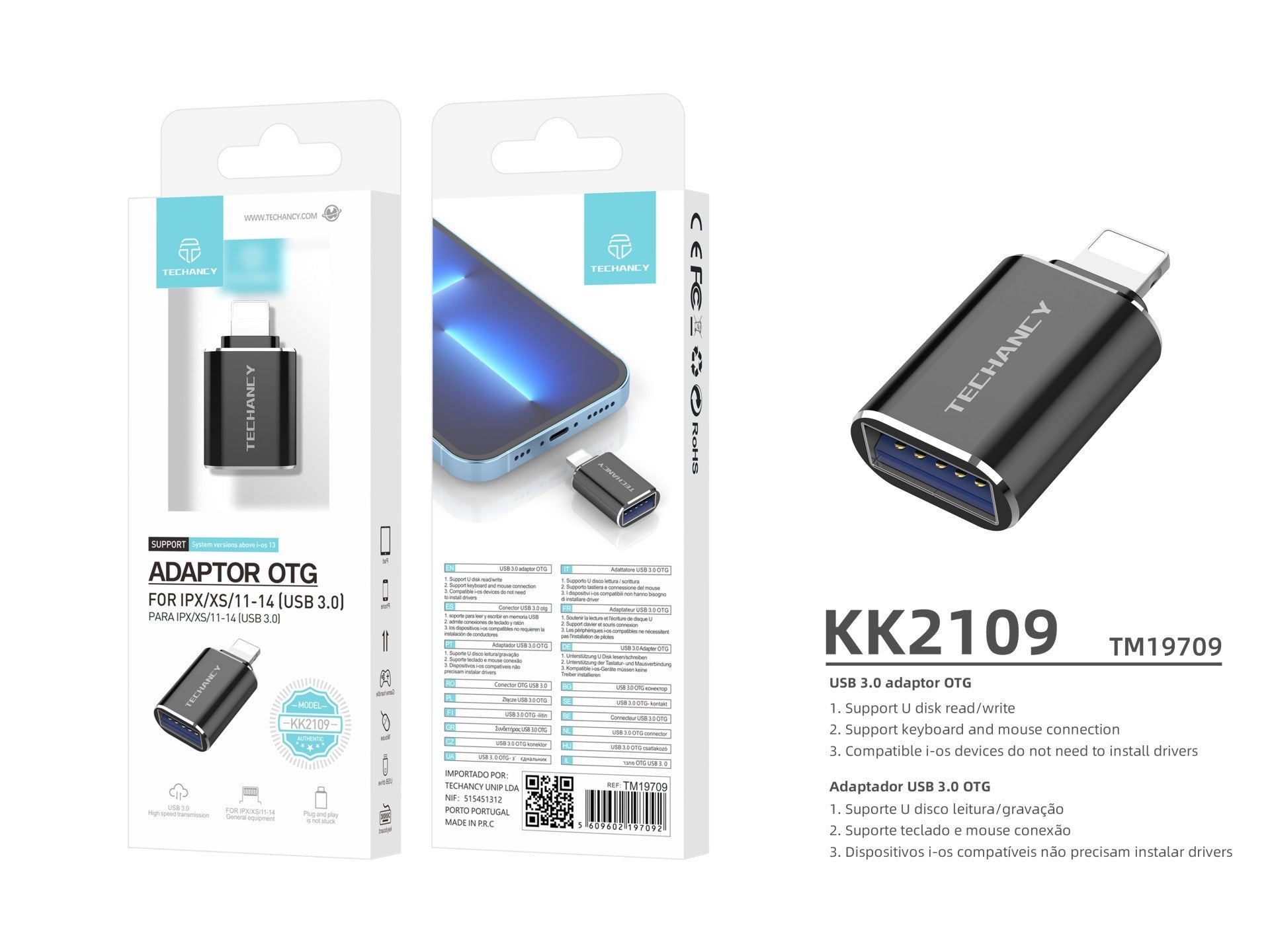 Techancy Black USB 3.0 OTG Adapter KK2109, Supports USB Flash Drive Read/Write, Keyboard and Mouse Connections