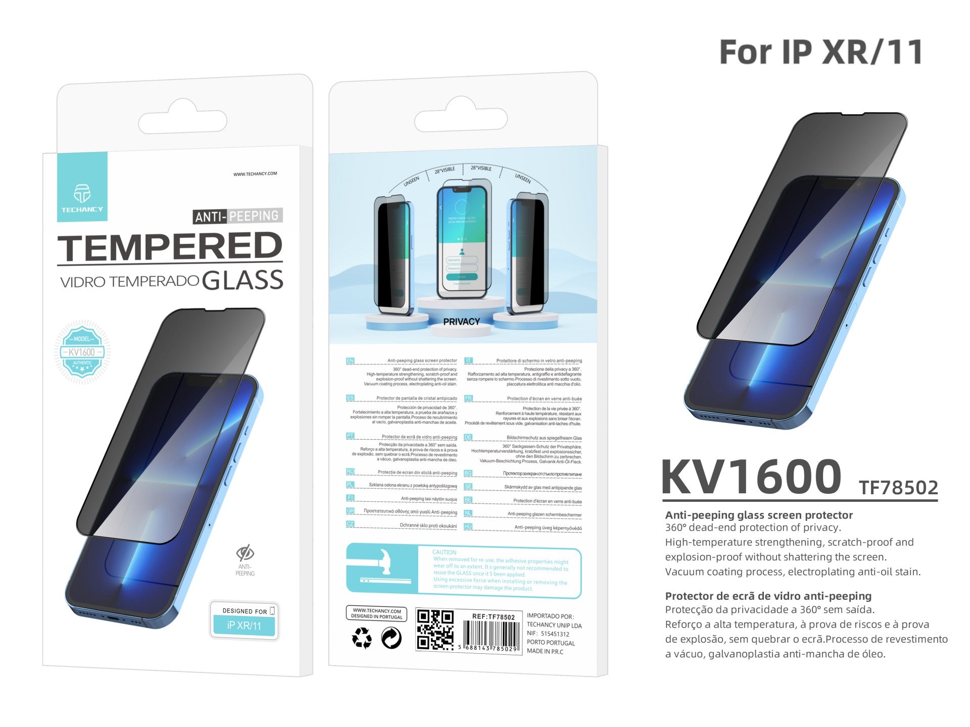 Protetor de ecrã premium para smartphone Techancy, protetor de privacidade, KV1600, compatível com iPhone Xr/11