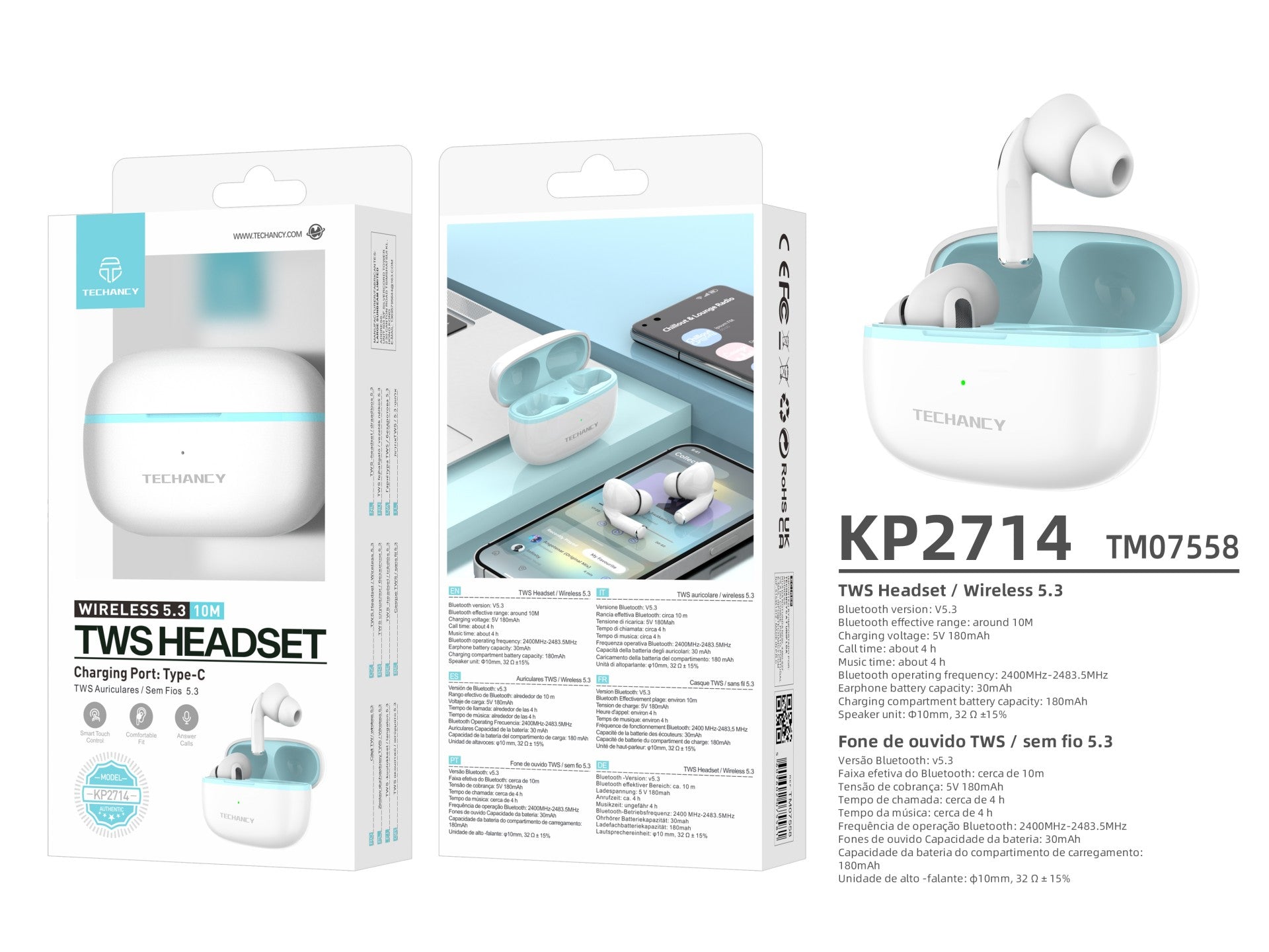 Techancy Auriculares TWS KP2714 Bluetooth 5.3 ligação 10m USB-C 4h de autonomia som nítido confortável cor branca