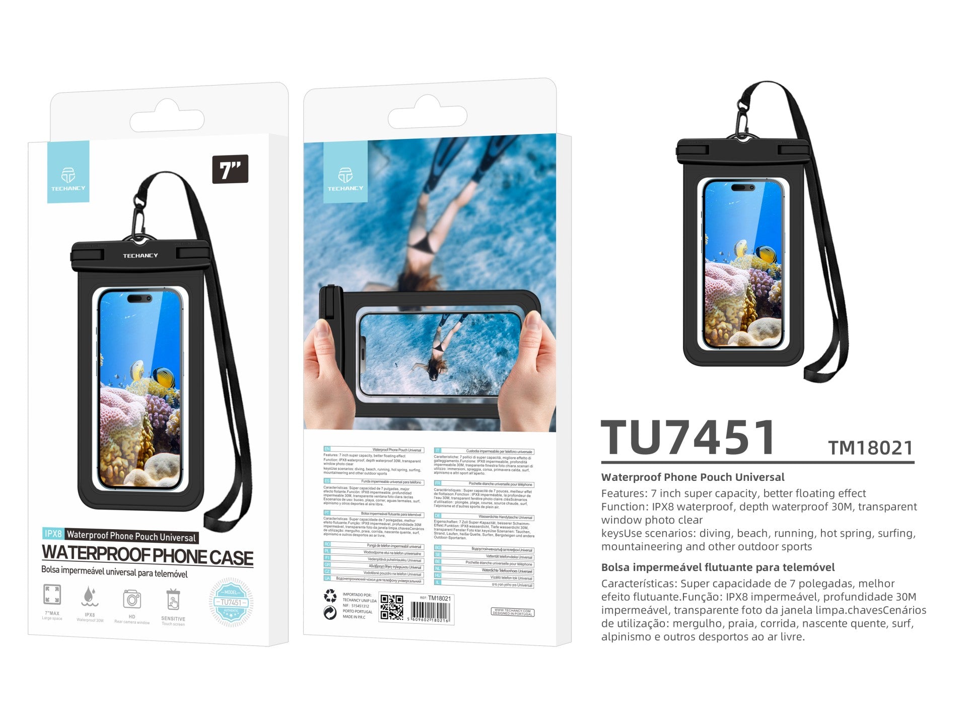 Techancy Bolsa Para Telemóvel À Prova De Água De 7,0 Polegadas Da, TU7451 À Prova De Água Ipx8, Fotos Nítidas, Preto