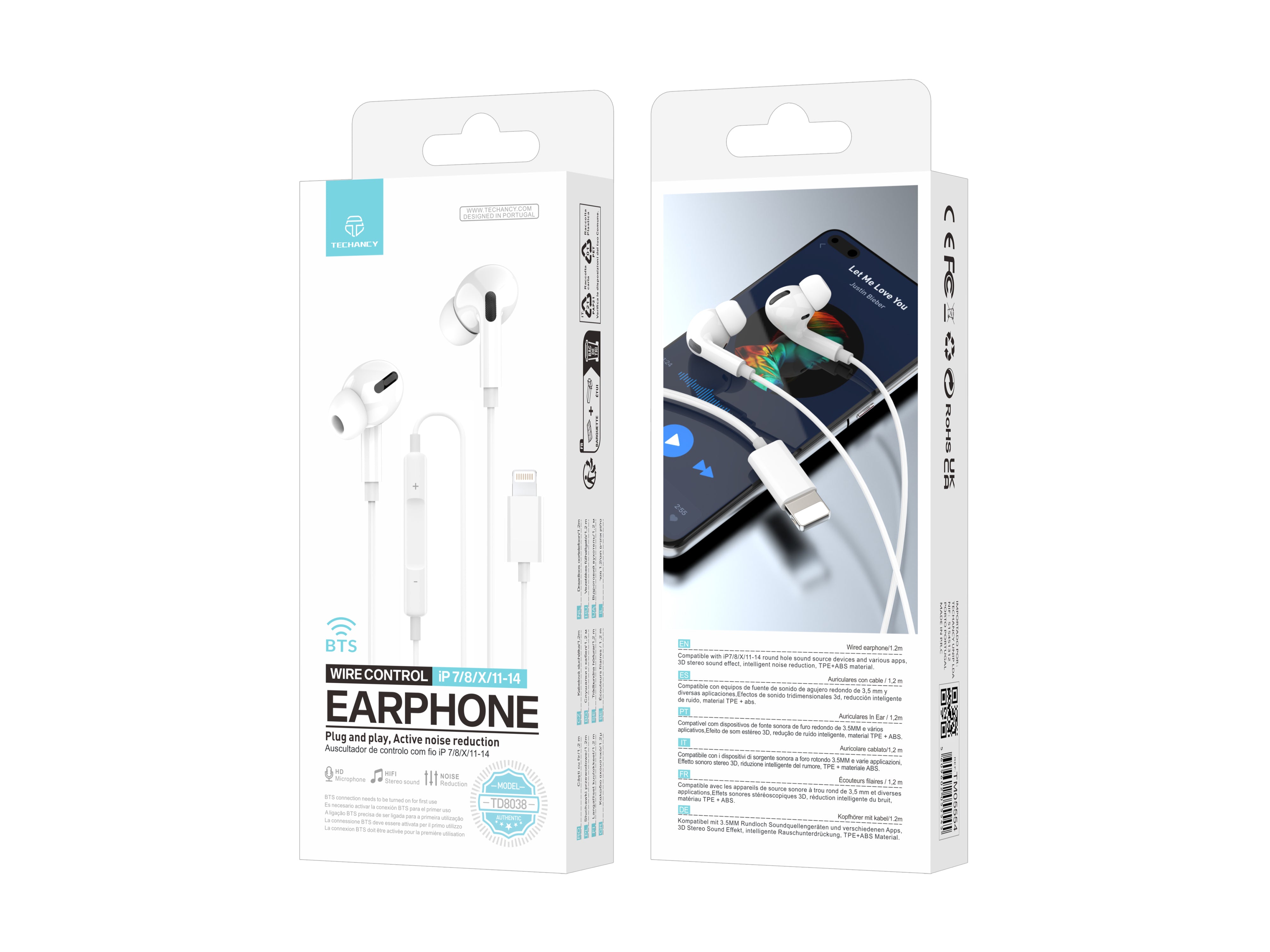 Techancy Auscultadores Intra-Auriculares Com Fios Brancos TD8038 Com Conetor Lightning, Microfone Integrado, Compatível Com Iphone/Ipad