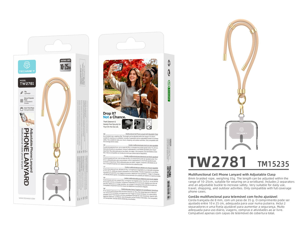 Fita de Pulso para Telemovel TECHANCY TW2781, Ajustavel 10-25 cm, Corda Entrancada 8 mm, com 2 Patilhas, Dourado