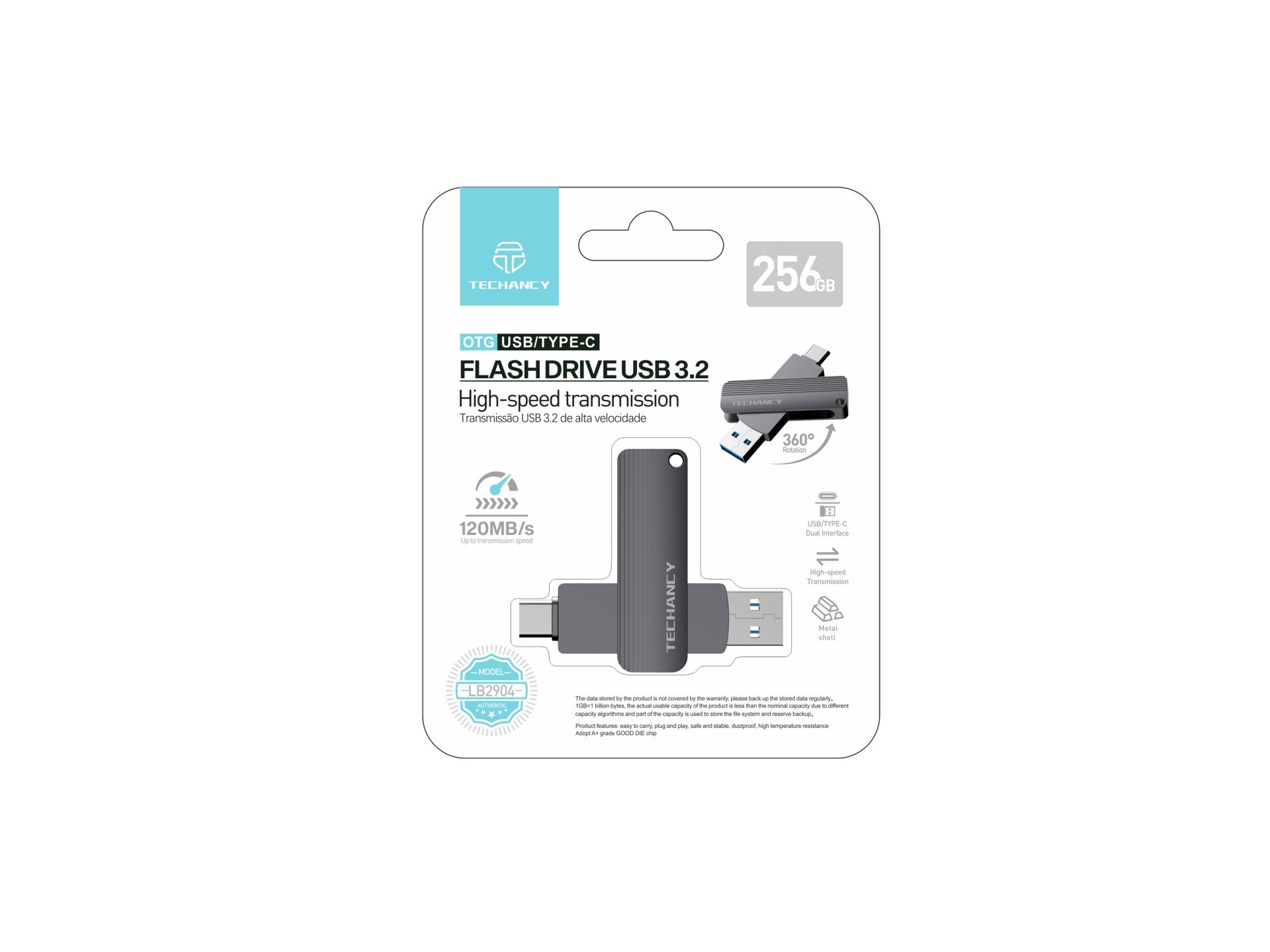 Techancy High-Speed ??USB 3.2 Flash Drive LB2904, 256GB, 2-in-1 Type CE USB-A Connector, Compatible with PC/Mobile/Mac