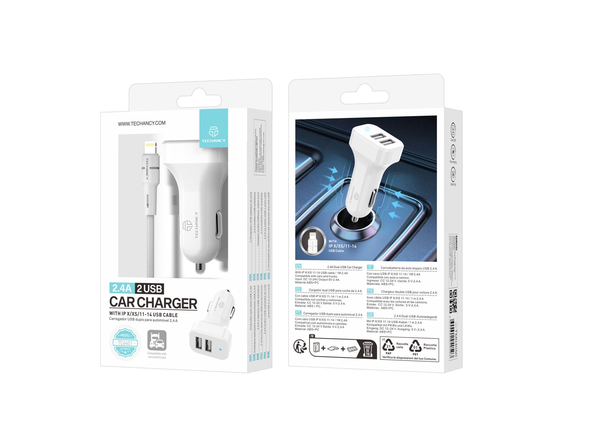 Techancy TC6401 Dual USB 2.4A Car Charger with Lightning Cable - White