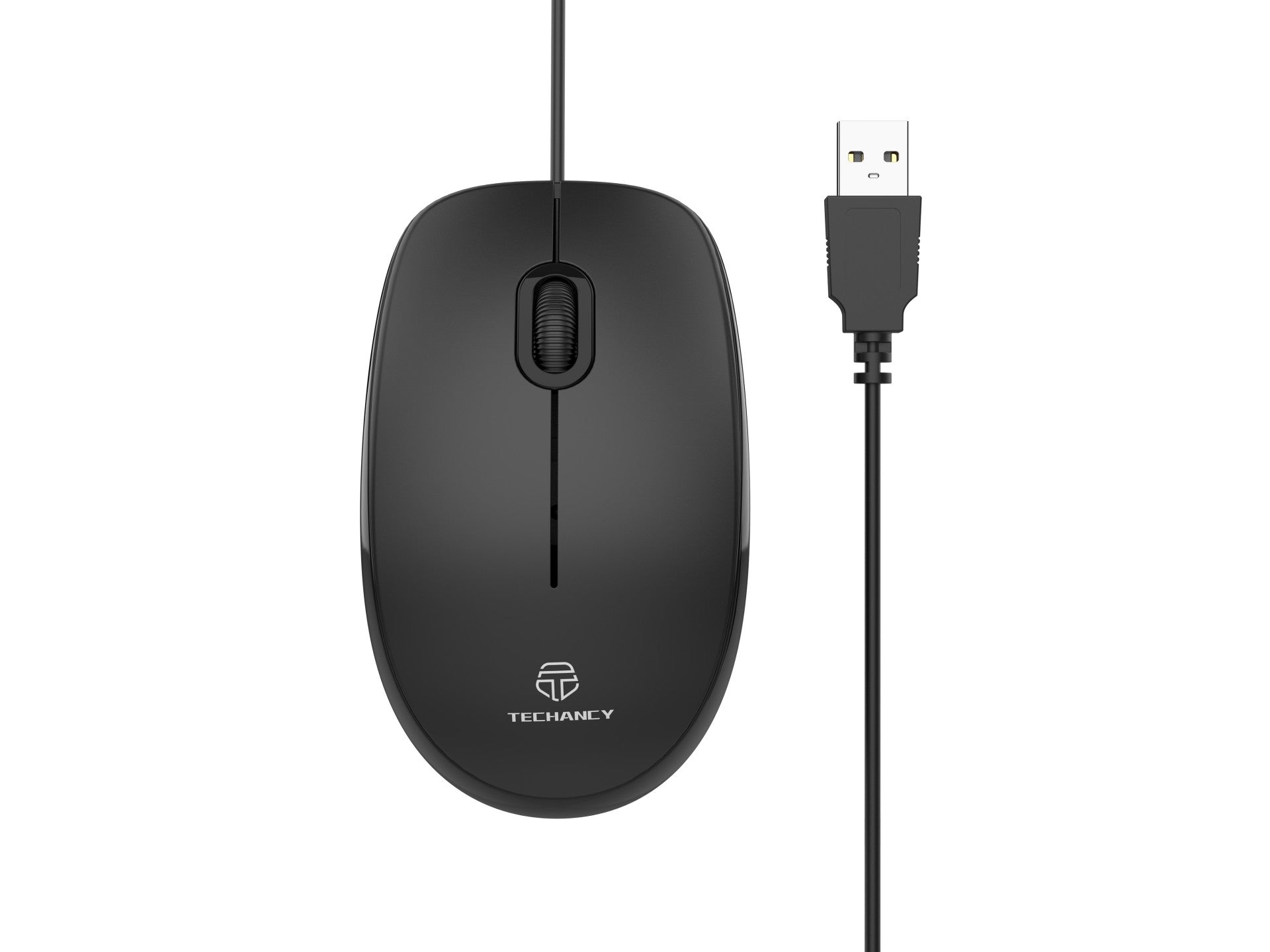 Ratón USB con cable Techancy negro TJ6109, 1,35 M Plug and Play, 1000 dpi, diseño ergonómico de rueda de desplazamiento antideslizante.