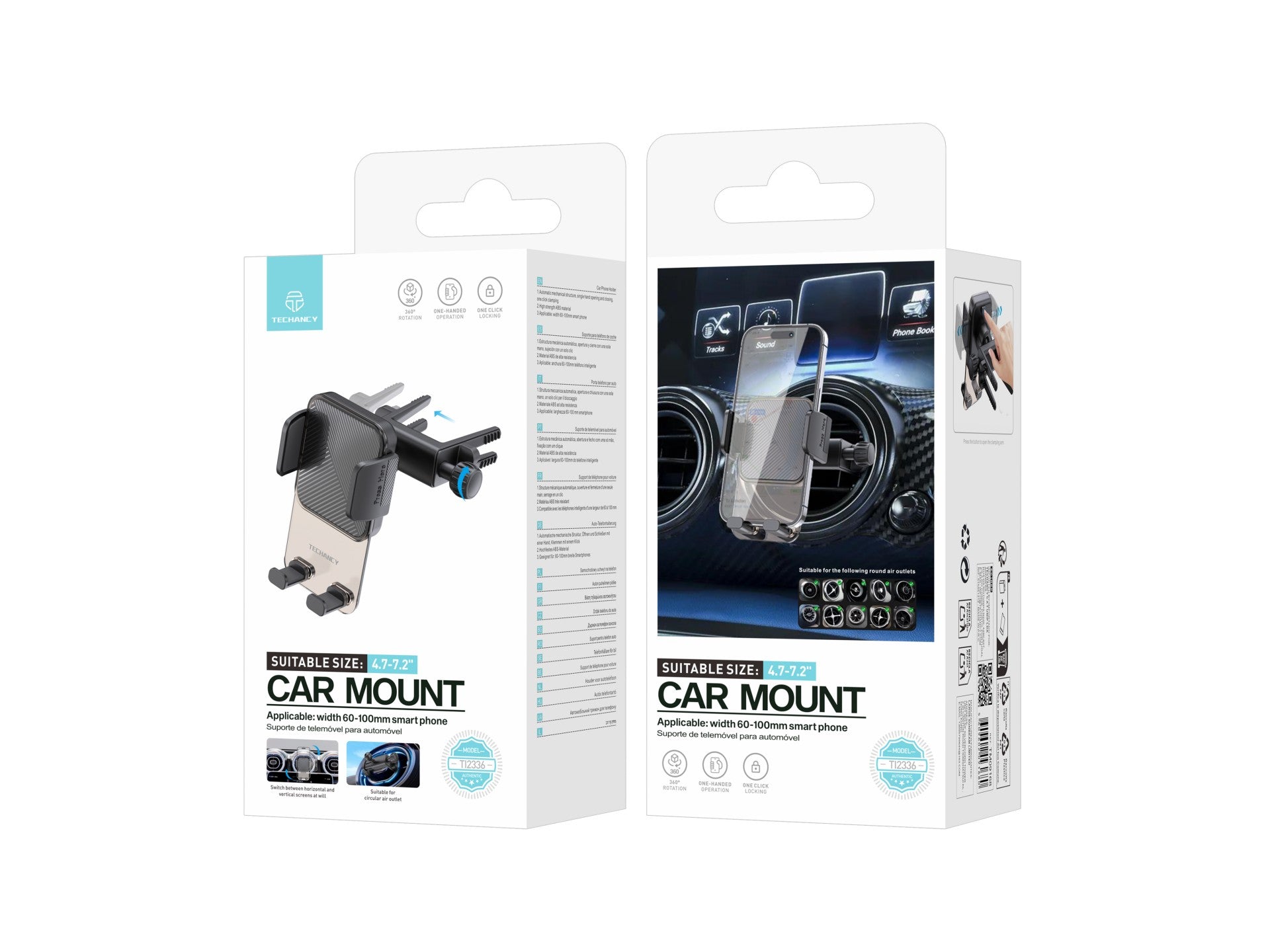 Techancy Suporte para TelemOvel de Saída de Ar Redonda TI2336, Operação com Uma Mão, ABS de Alta Resistência, para Smartphones 4.7"-7.2", Preto