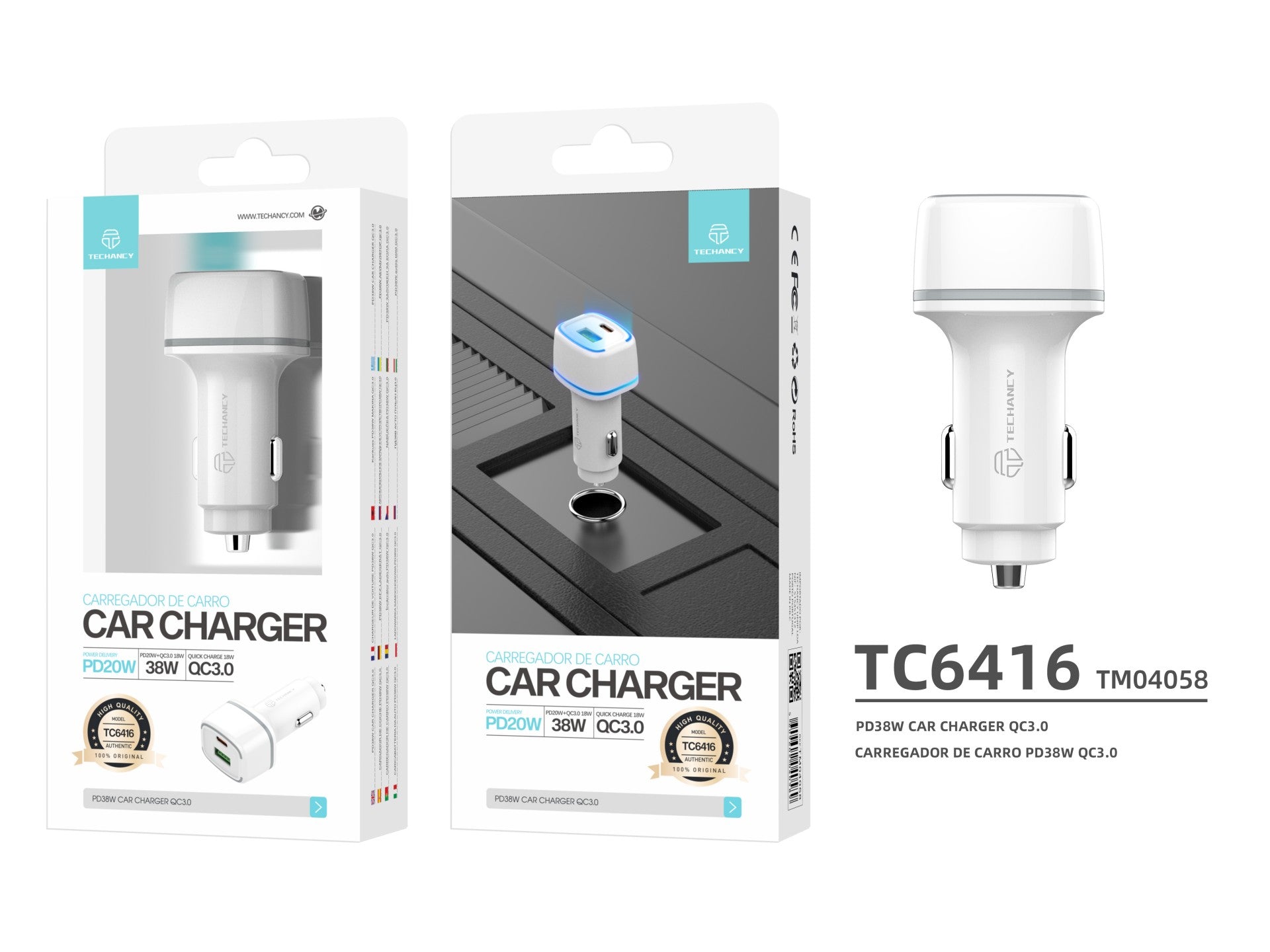 Techancy Carregador De Automóvel 38w TC6416, Carregamento Rápido Pd3.0+Qc3.0, Compatível Com Camiões E Automóveis,